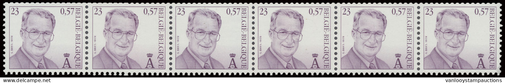 ** R100a Albert II 23fr./€0,57 In Strook Van 6, Zonder Nummer (in Het Midden Geplooid Op Tanding), Zm (OBP €2.100) - Coil Stamps