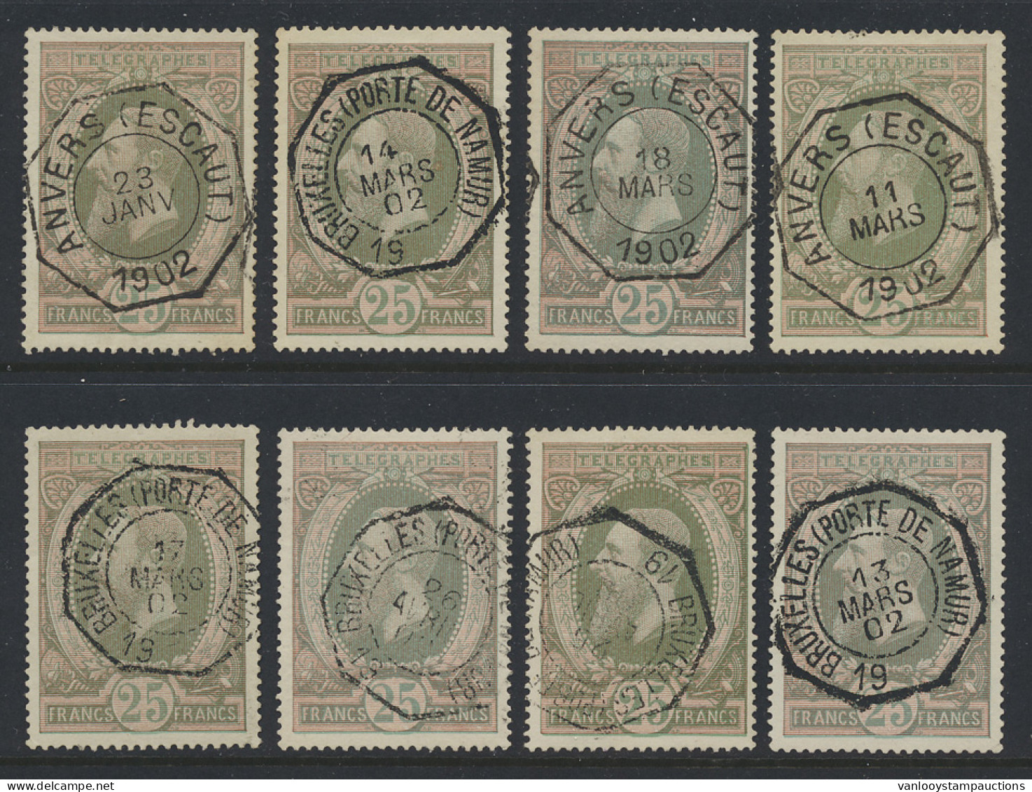 TG 10 25fr. Donkerreseda (8x), Zm (OBP €400) - Timbres Télégraphes [TG]