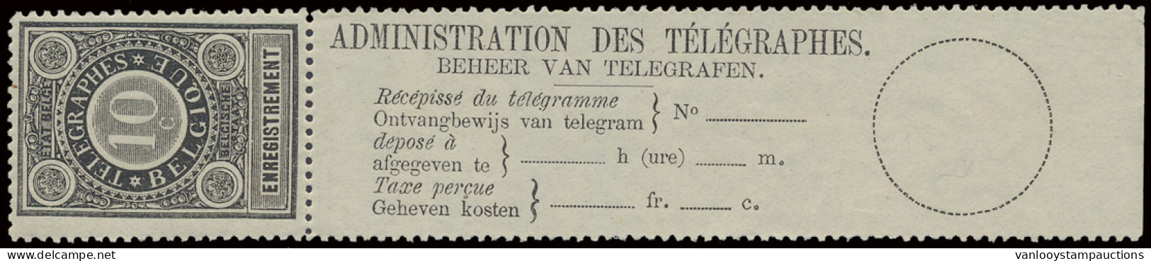 ** RT 1a 10c. Zwart Met Strook (geplooid Op Tanding), Zm (OBP €260) - Timbres Télégraphes [TG]