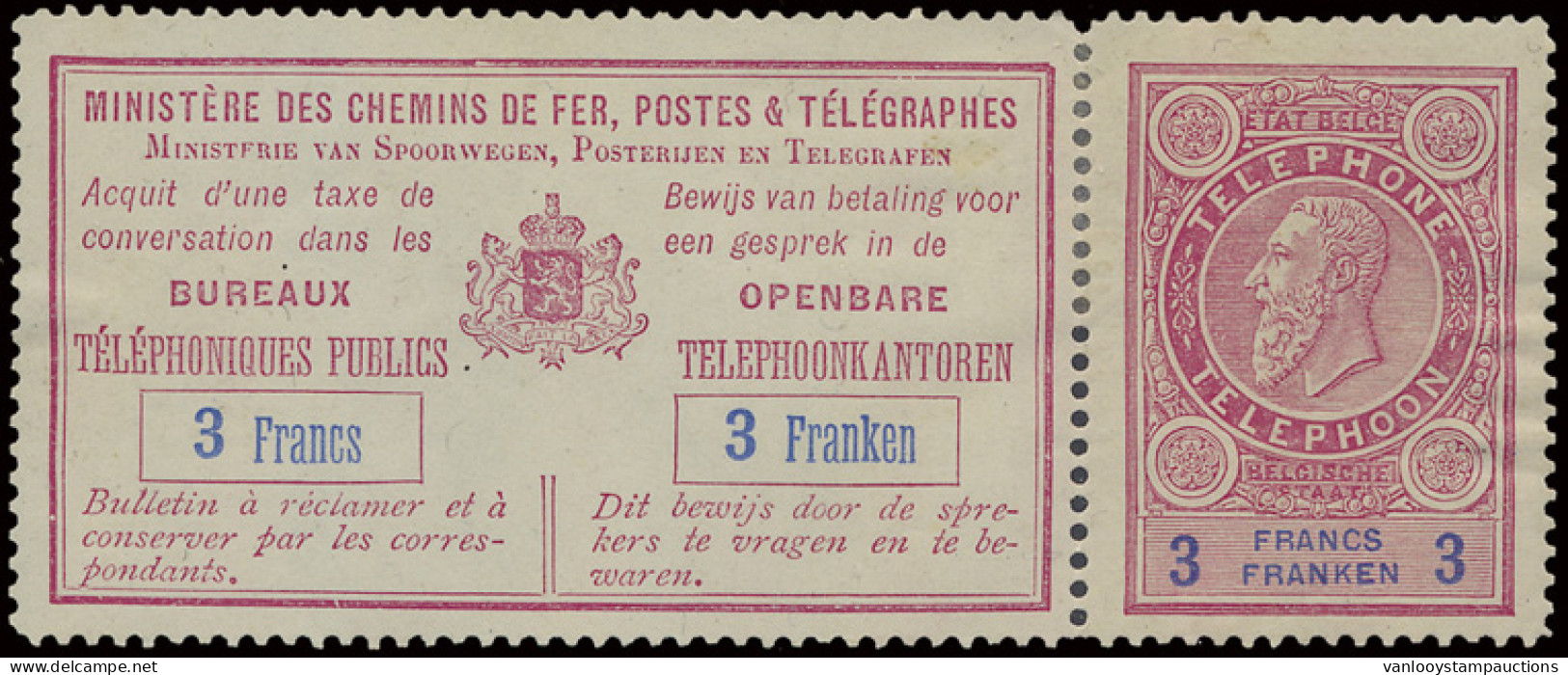 * TE 12 Tweede Druk 3fr. Roze En Blauw, Zm/m (OBP €680) - Timbres Téléphones [TE]