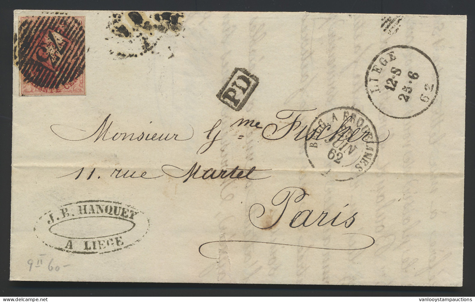 1862 N° 12 Volrandig Op Brief P.73-Liège Naar Parijs, Centrale Afstempeling PD, BELG A BROUELINES, 25 JUIN 62, Zm (OBP € - Autres & Non Classés