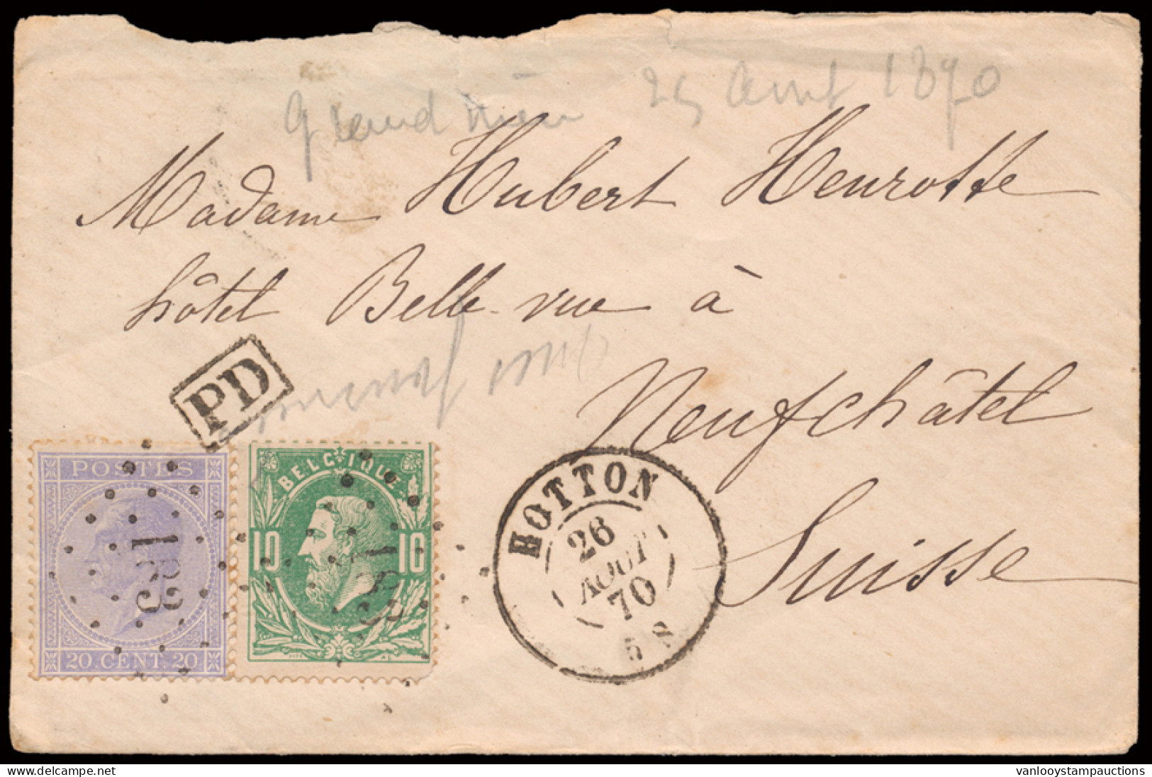1865 N° 18 En 30, Briefje Gefrankeerd Met 20 Cent. Emissie 1865 + 10 Cent. Emissie 1869, Verstuurd Van Hotton Naar Neufc - Other & Unclassified