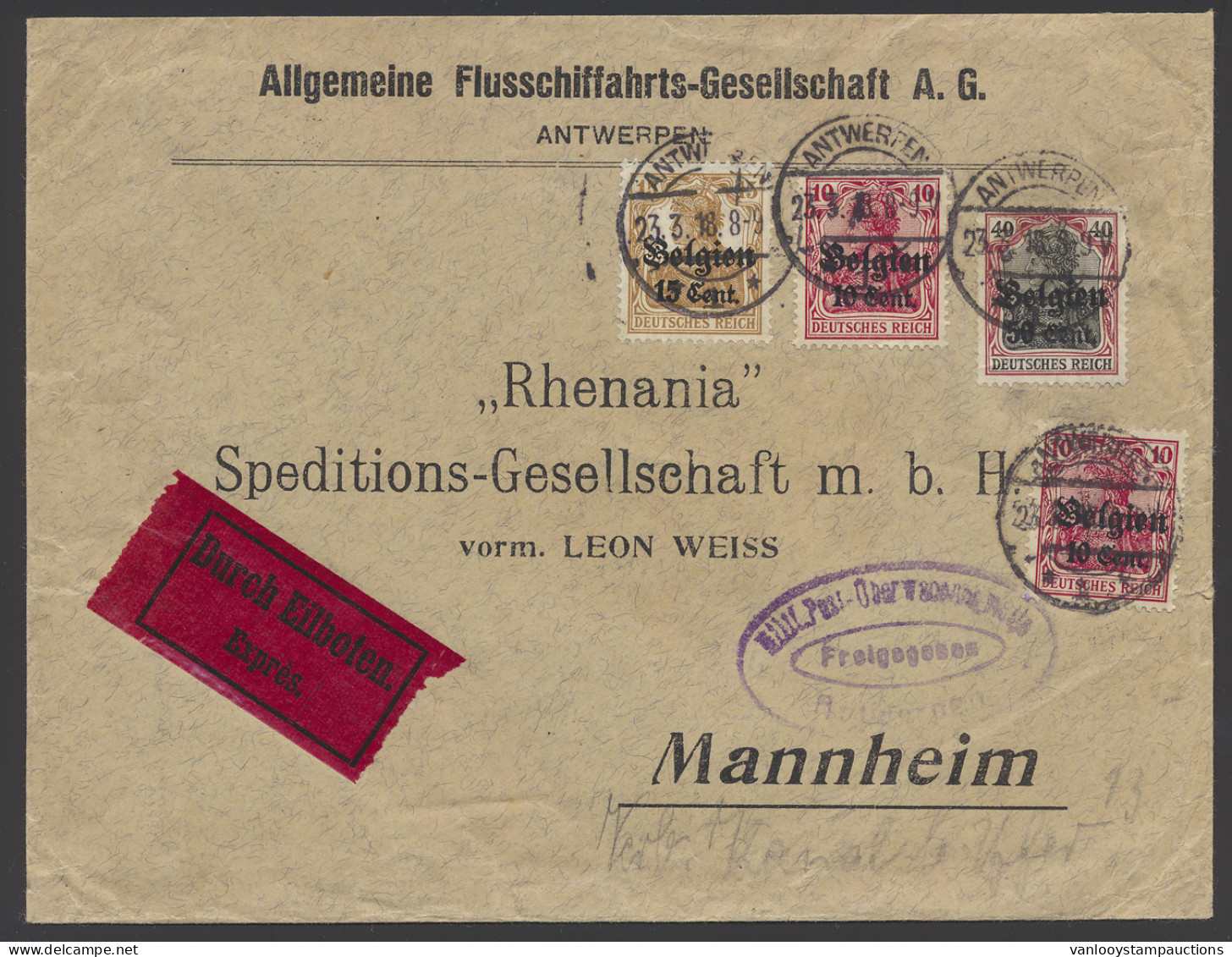 1918 Van Antwerpen Naar Mannheim 23/3/1918 Durch Eilboten Exprès Met OC 28 (2x), OC 15 En OC 20, Zm - Other & Unclassified