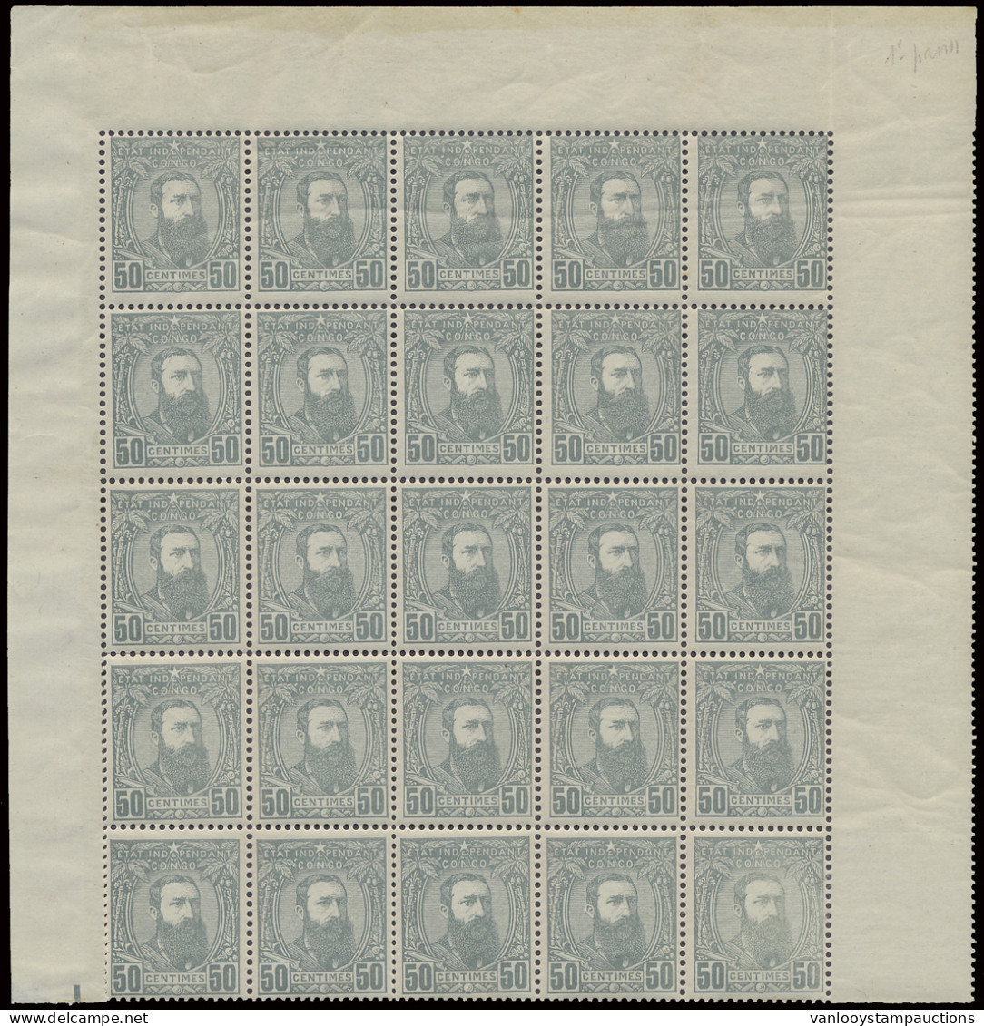 ** N° 10 (block Of 25 Stamps) 50c. Grey, Off Centre (position #1-25) With Sheet Margins And Right Gutter, Vf (OBP +€275) - 1884-1894