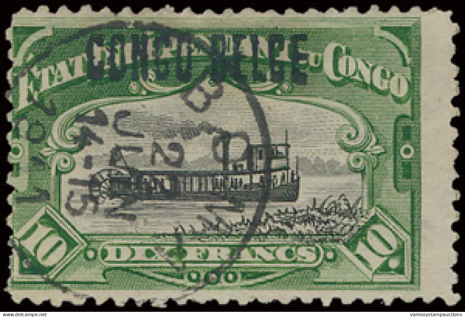 N° 39L1-Cu3 10fr. Green, Off Centre To The Left, With Local Overprint CONGO BELGE, Type 1, With Watermark And Cancelled  - Other & Unclassified