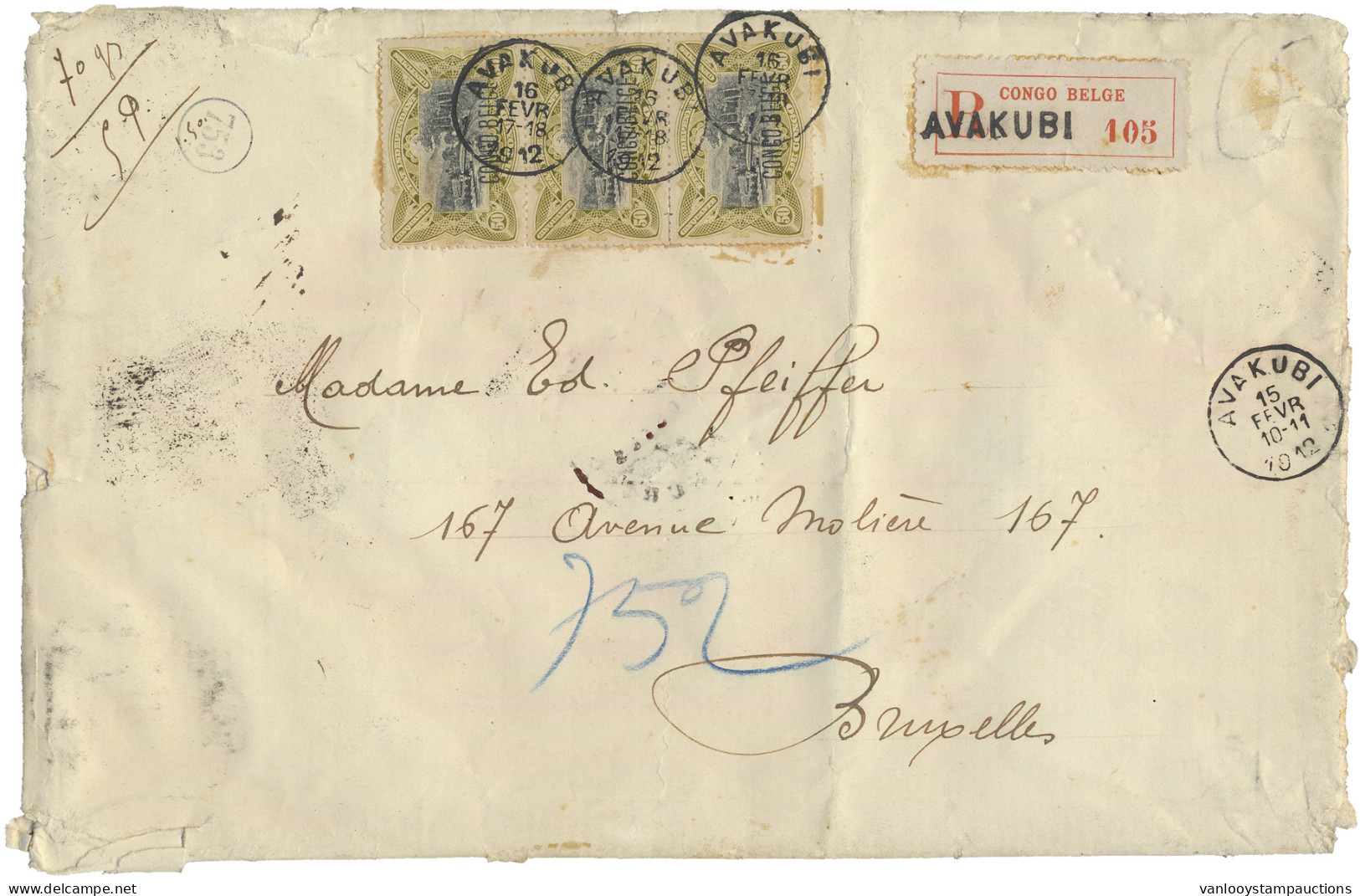 1912 N° 45 (vertical Strip Of 3 Stamps) 50c. Olive With Typo Overprint CONGO BELGE On Heavy Registered Cover (70gr.) Sen - Autres & Non Classés