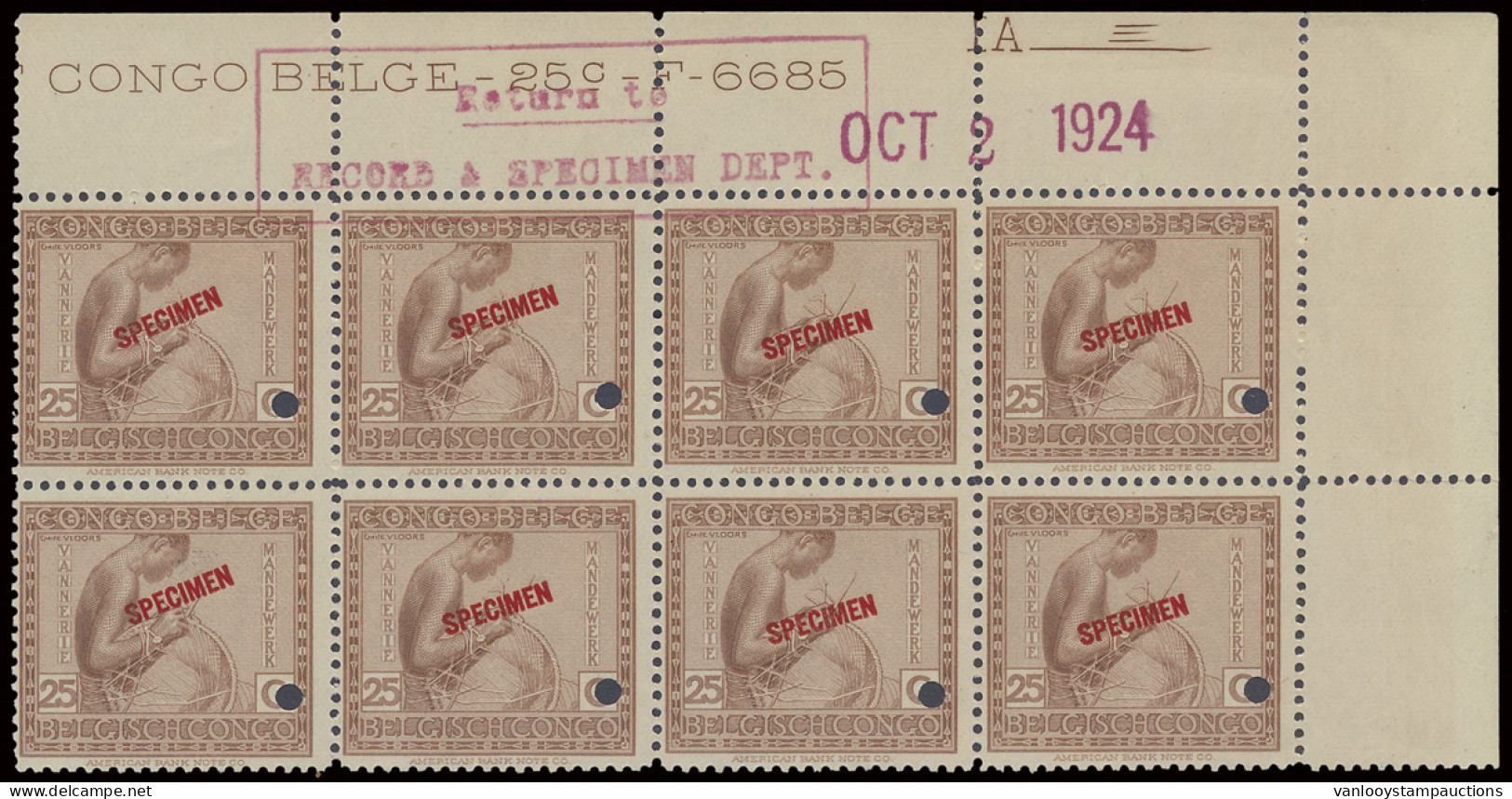 ** N° 110 (block Of 8 Stamps) 25c. Red Brown Vloors Issue, With SPECIMEN Overprint In Red, Punched, Marginal Inscription - Sonstige & Ohne Zuordnung