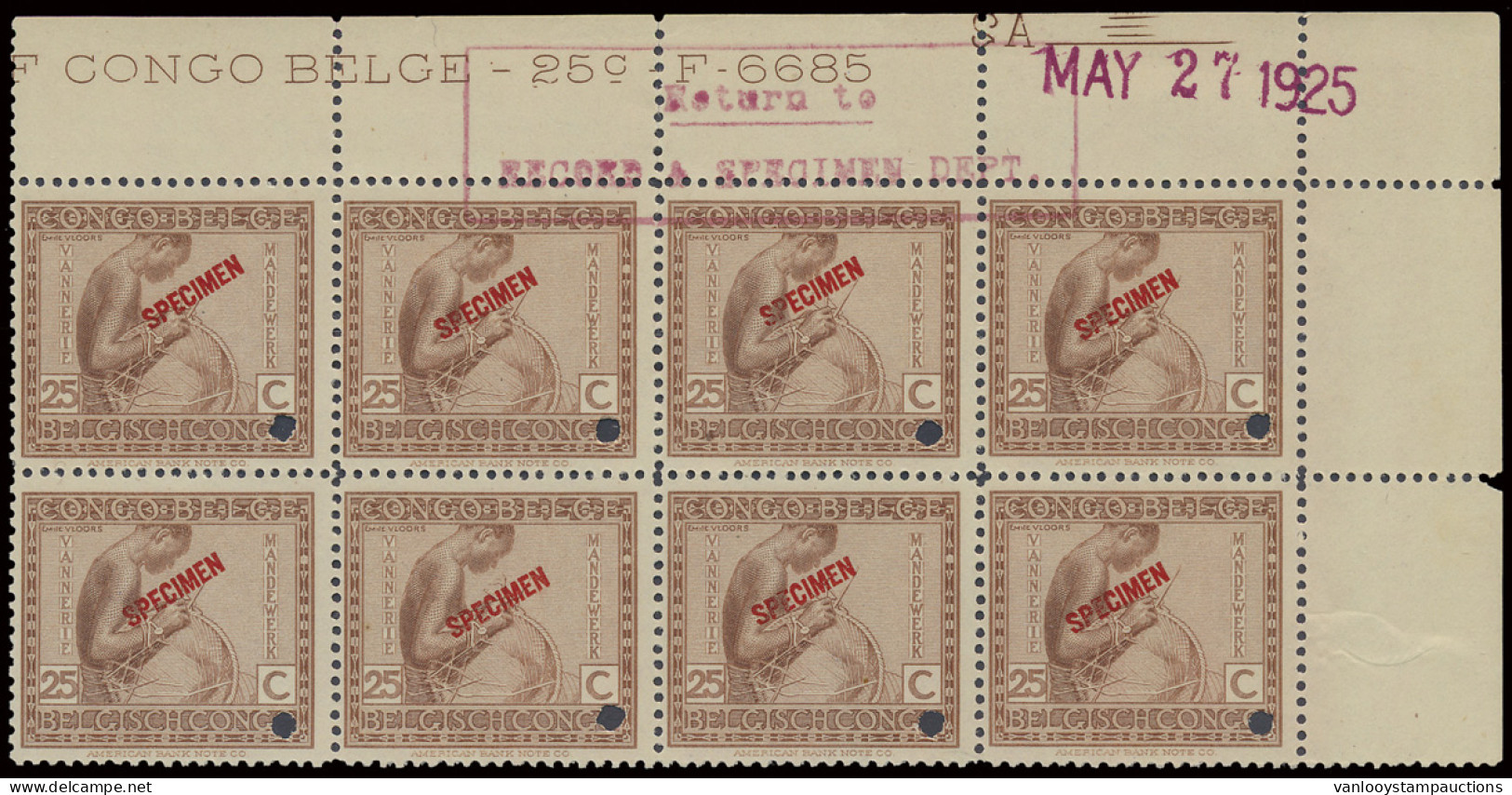 ** N° 110 (block Of 8 Stamps) 25c. Red Brown Vloors Issue With SPECIMEN Overprint In Red, Punched, Marginal Inscription  - Altri & Non Classificati