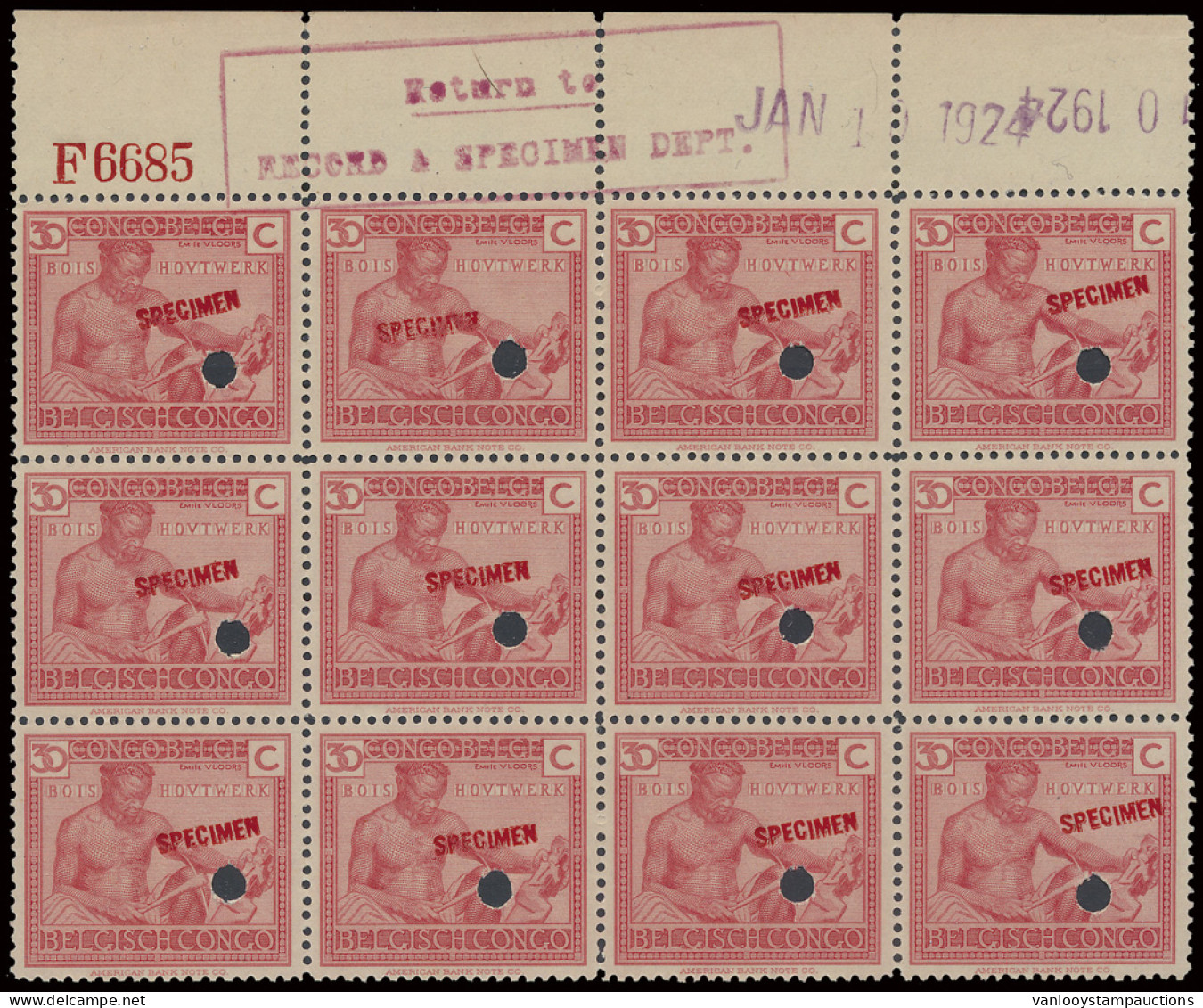 ** N° 111 (block Of 12 Stamps) 30c. Pink Vloors Issue, With SPECIMEN Overprint In Red, Punched, Marginal Inscription F 6 - Other & Unclassified