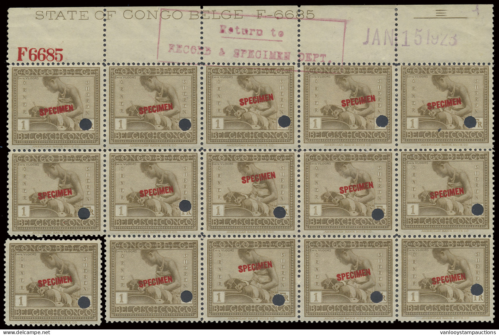 ** N° 114 (block Of 14 Stamps + 1) 1fr. Grey-brown Vloors Issue, With SPECIMEN Overprint In Red, Punched, Marginal Inscr - Autres & Non Classés