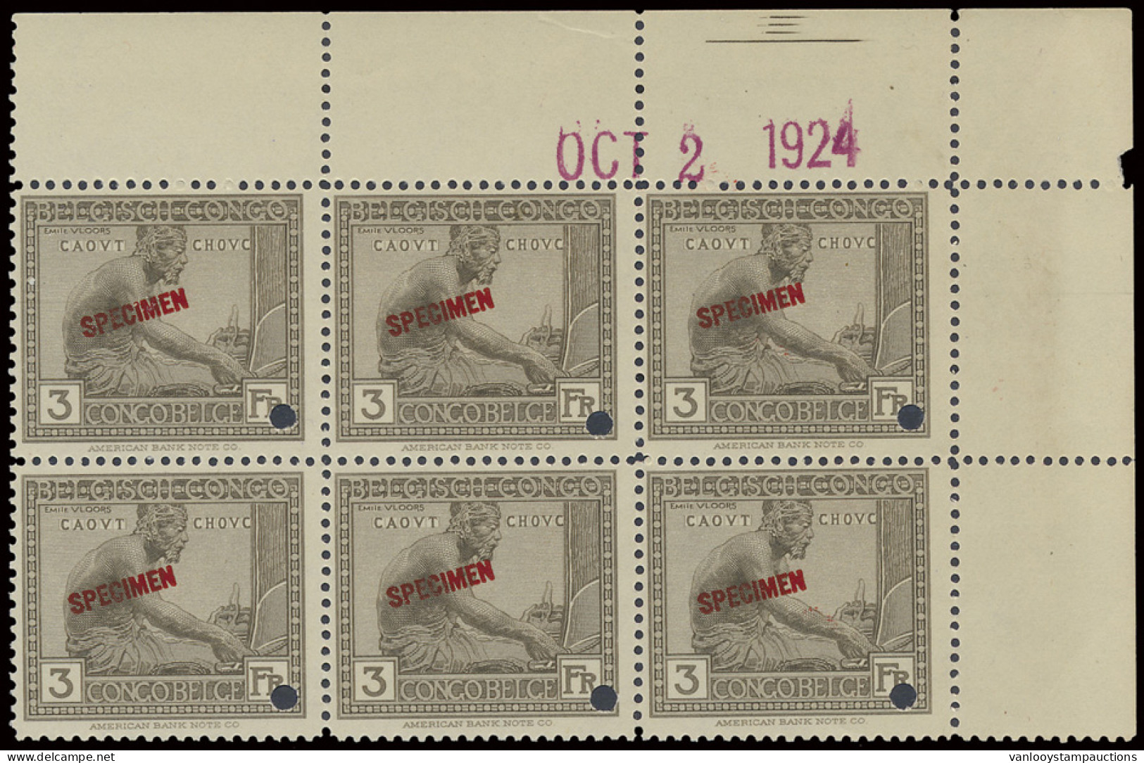 ** N° 115 (block Of 6 Stamps) 3fr. Brown Olive Vloors Issue, With SPECIMEN Overprint In Red, Punched, Marginal Date Stam - Autres & Non Classés