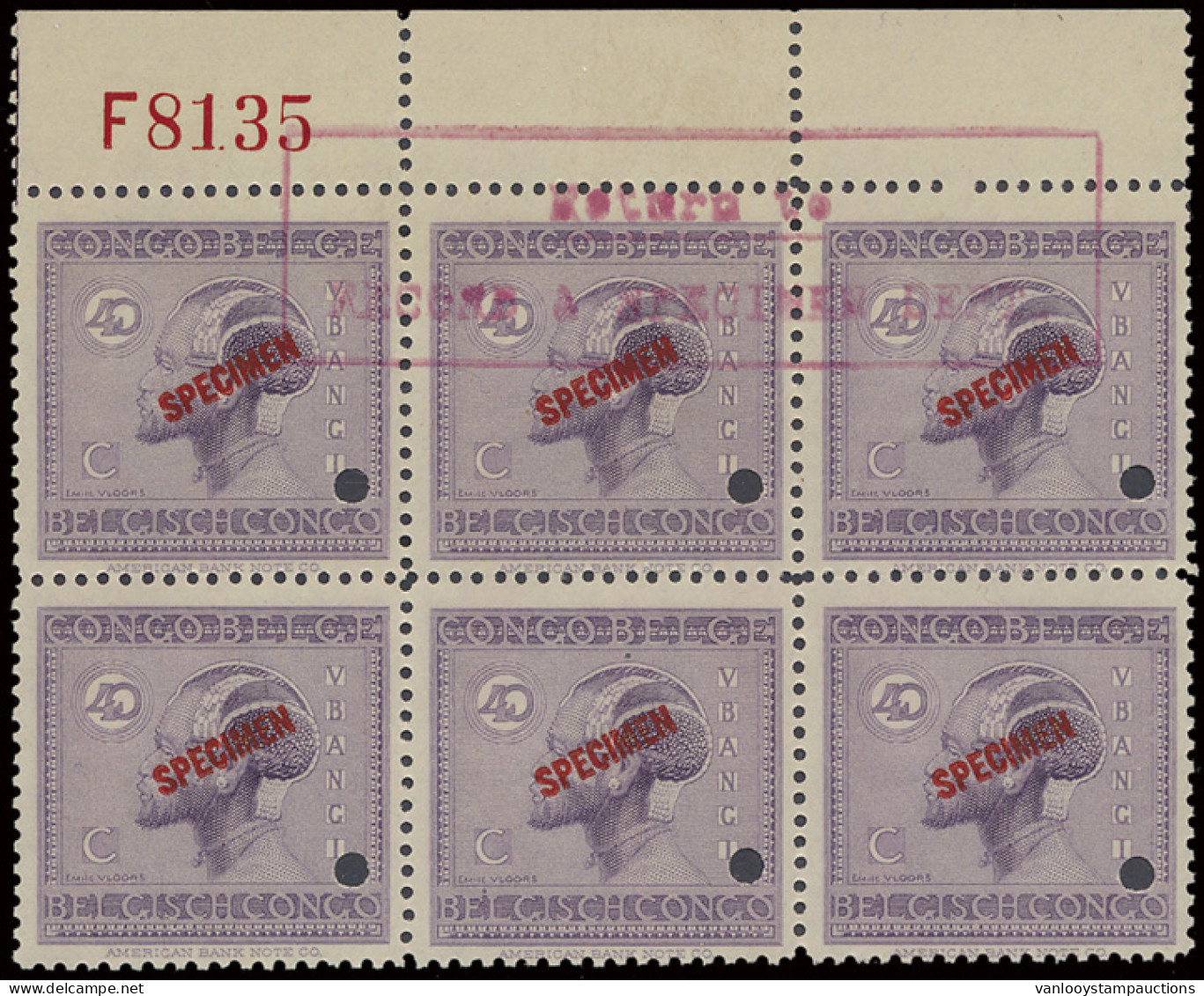 ** N° 121 (block Of 6 Stamps) 40c. Lilac Vloors Issue, With SPECIMEN Overprint In Red, Punched, Marginal Inscription F81 - Sonstige & Ohne Zuordnung