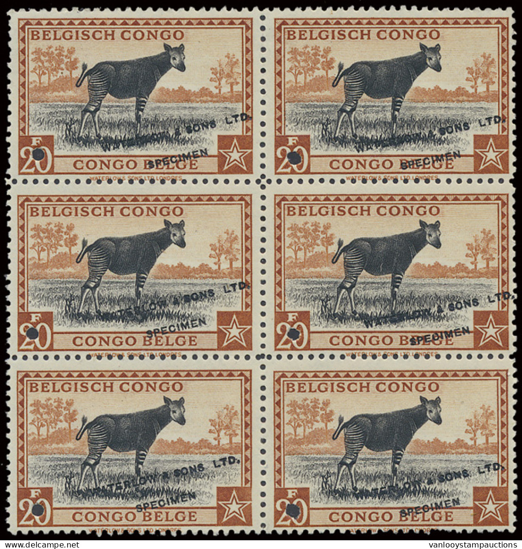 ** Type 246 (block Of 6) 20fr. Orange Brown And Black - Publicity Colour Proof With Demonetization Hole And Overprint In - Otros & Sin Clasificación