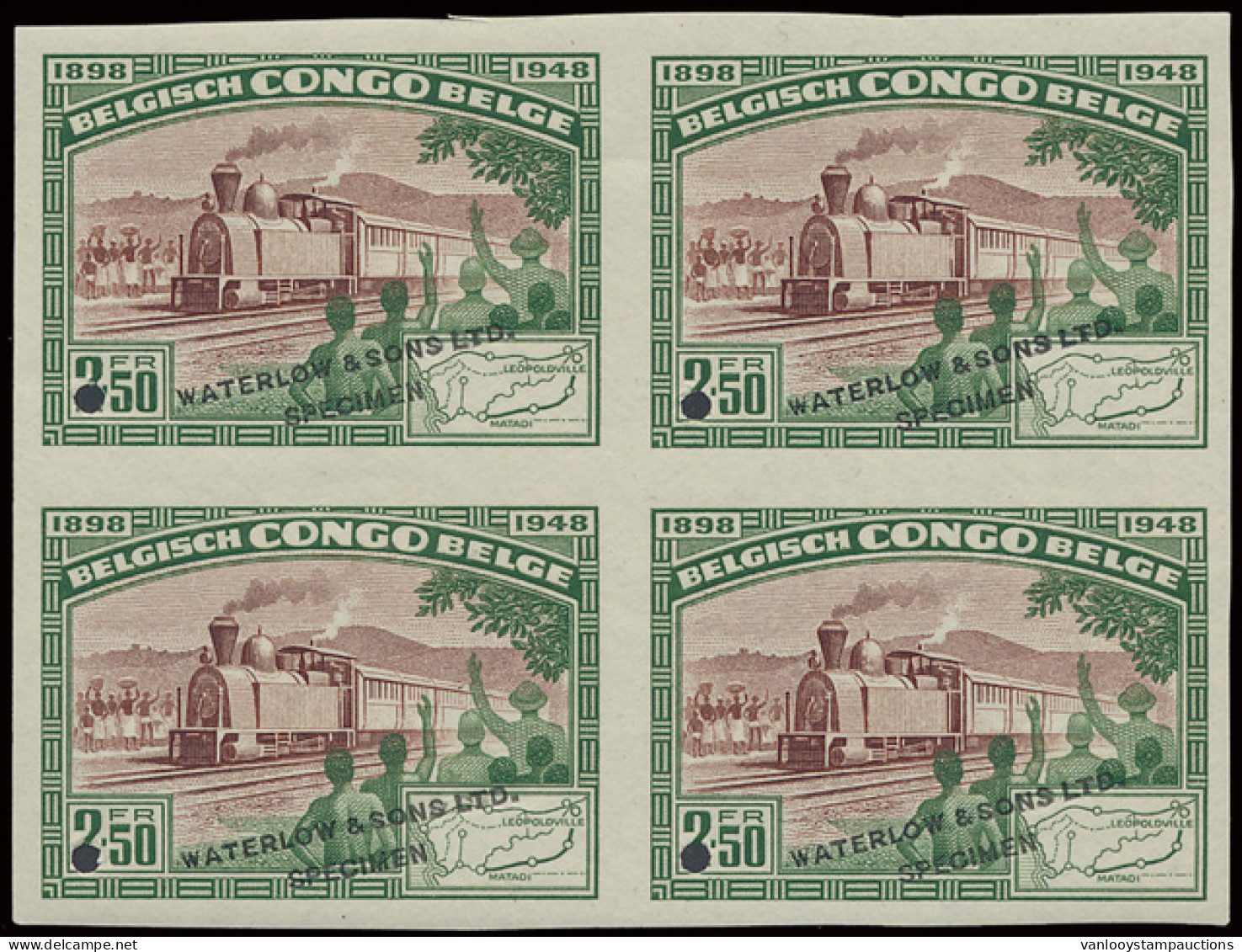 Type 296 (block Of 4) 2,50fr Green And Brown - Railway Matadi - Leopoldville Issue, Publicity Colour Proof With Demoneti - Sonstige & Ohne Zuordnung