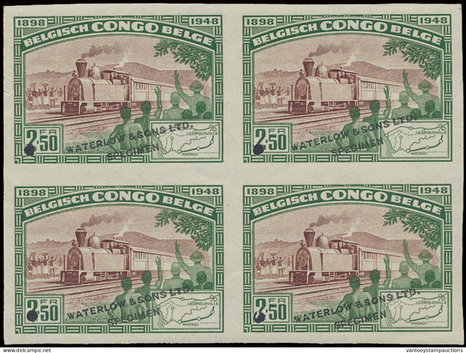 Type 296 (block Of 4) 2,50fr. Green And Brown - Railway Matadi - Leopoldville Issue, Publicity Colour Proof With Demonet - Other & Unclassified