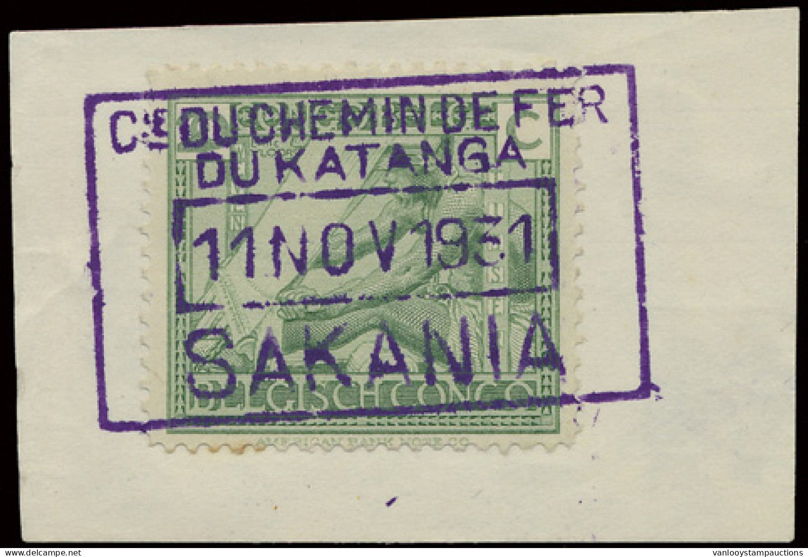 N° 118 '20c Green Vloors Issue' On Piece Of Paper, Cancelled 'Cie Du Chemin De Fer Du Katanga- Sakania 11 Nov 1931' In P - Altri & Non Classificati