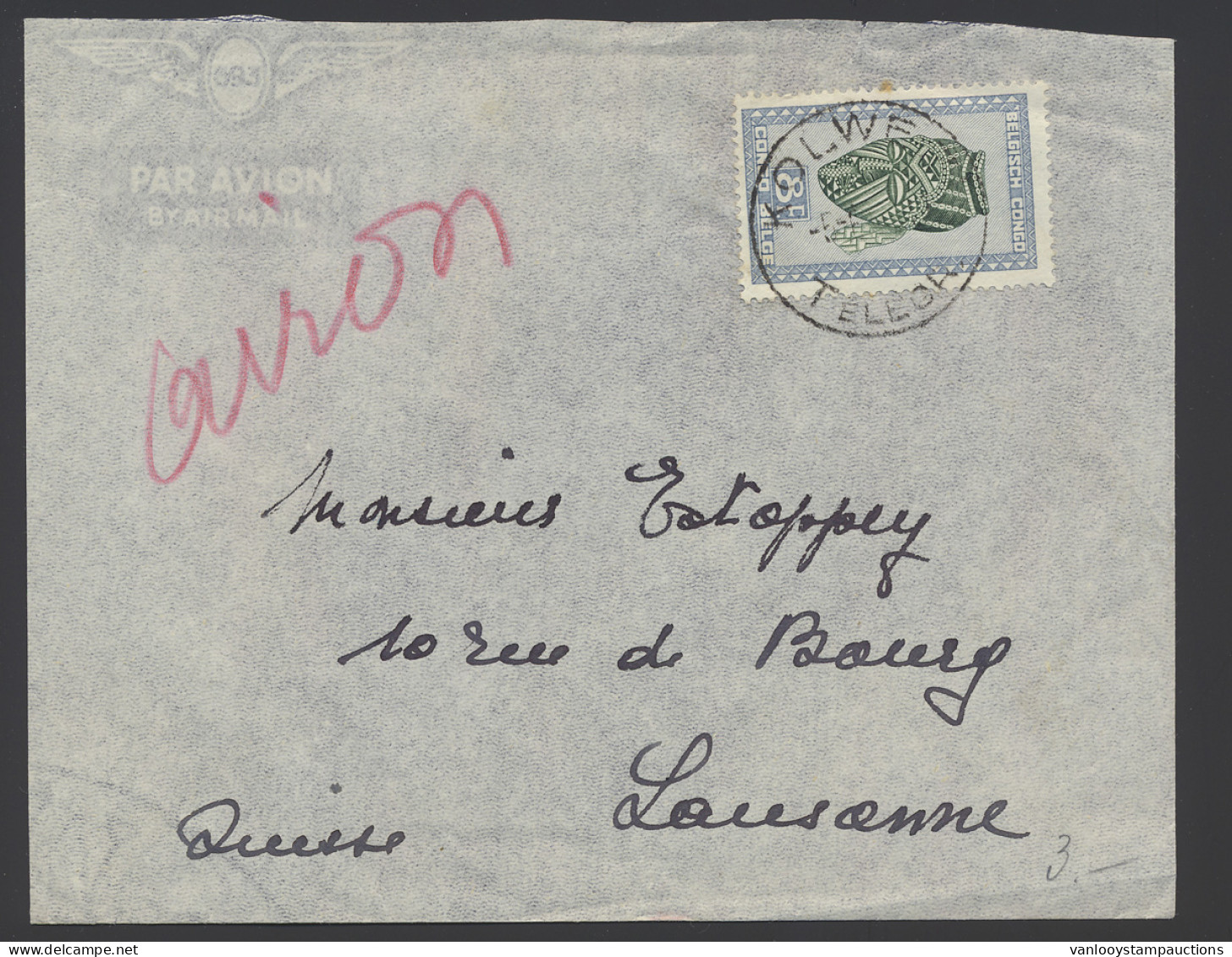 1945 Airmail Cover Franked With OBP N° 291B, Cancelled By Kolwezi Telegram Cachet And Sent To Lausanne/Switzerland, Vf - Autres & Non Classés