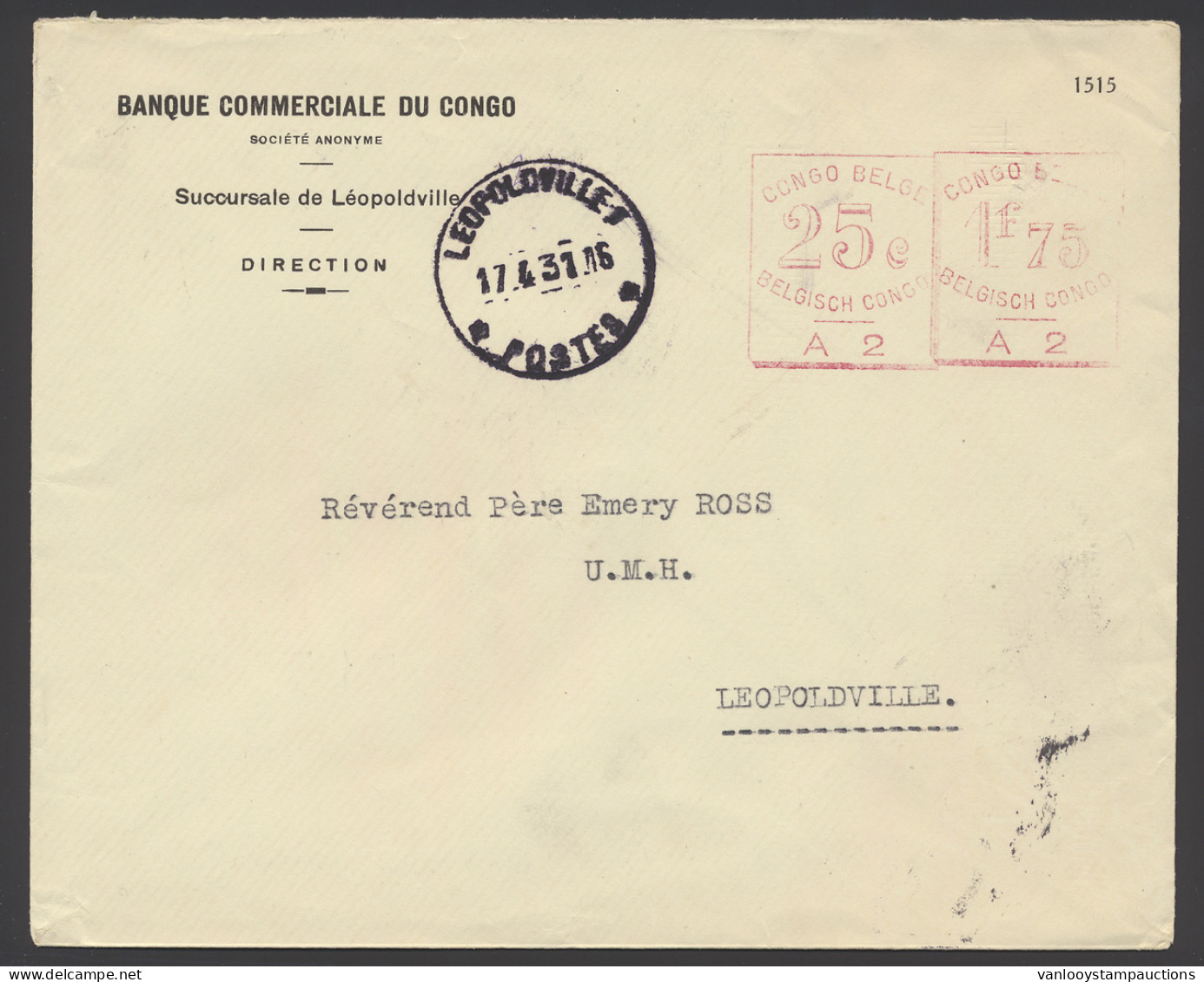 1931 Cover Franked With Red Mechanical Franking Marks 25c. - A2 And 1,75fr. - A2 And Sent From Leopoldville April 17, 19 - Other & Unclassified