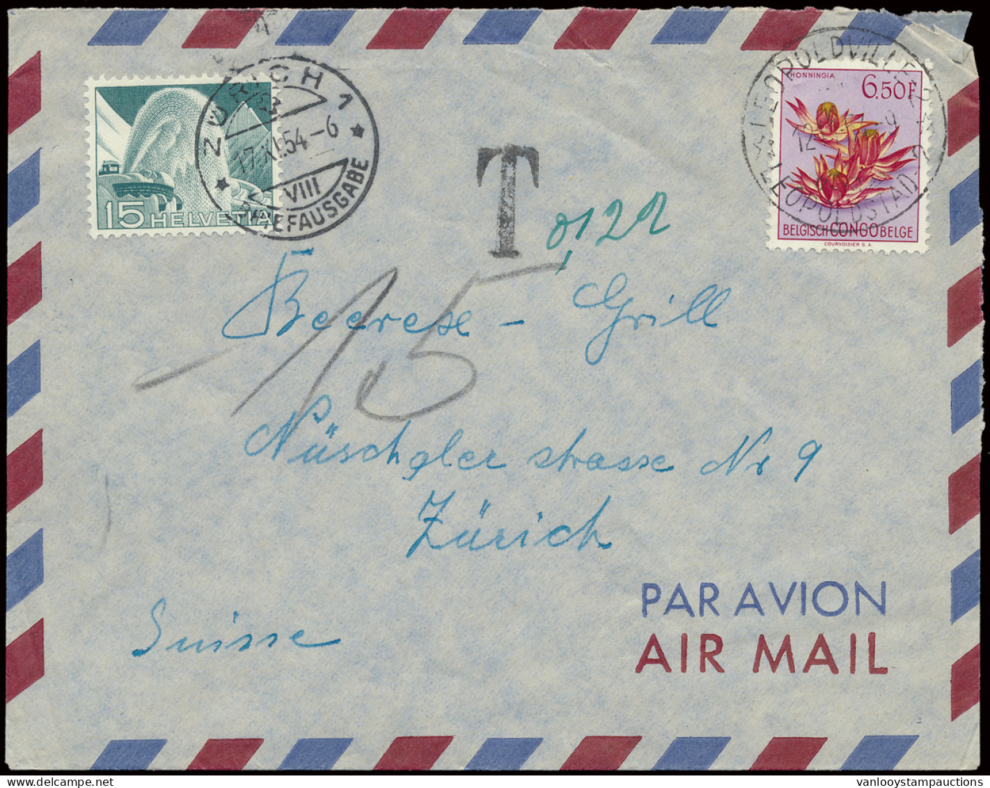 1954 Airmail Cover Franked With OBP N° 317 And Sent From Leopoldville-2 On November 12, 1954 To Zurich/Switzerland Taxed - Sonstige & Ohne Zuordnung