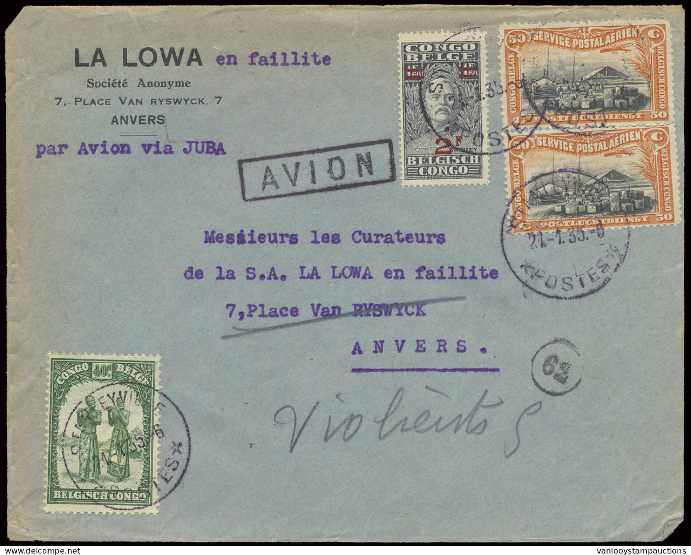 1935 PAR AVION JUBA (sender Request), Airmail Cover, Franked On Front With OBP N° 164, 172, PA 1 (2x) And On Reverse Wit - Altri & Non Classificati