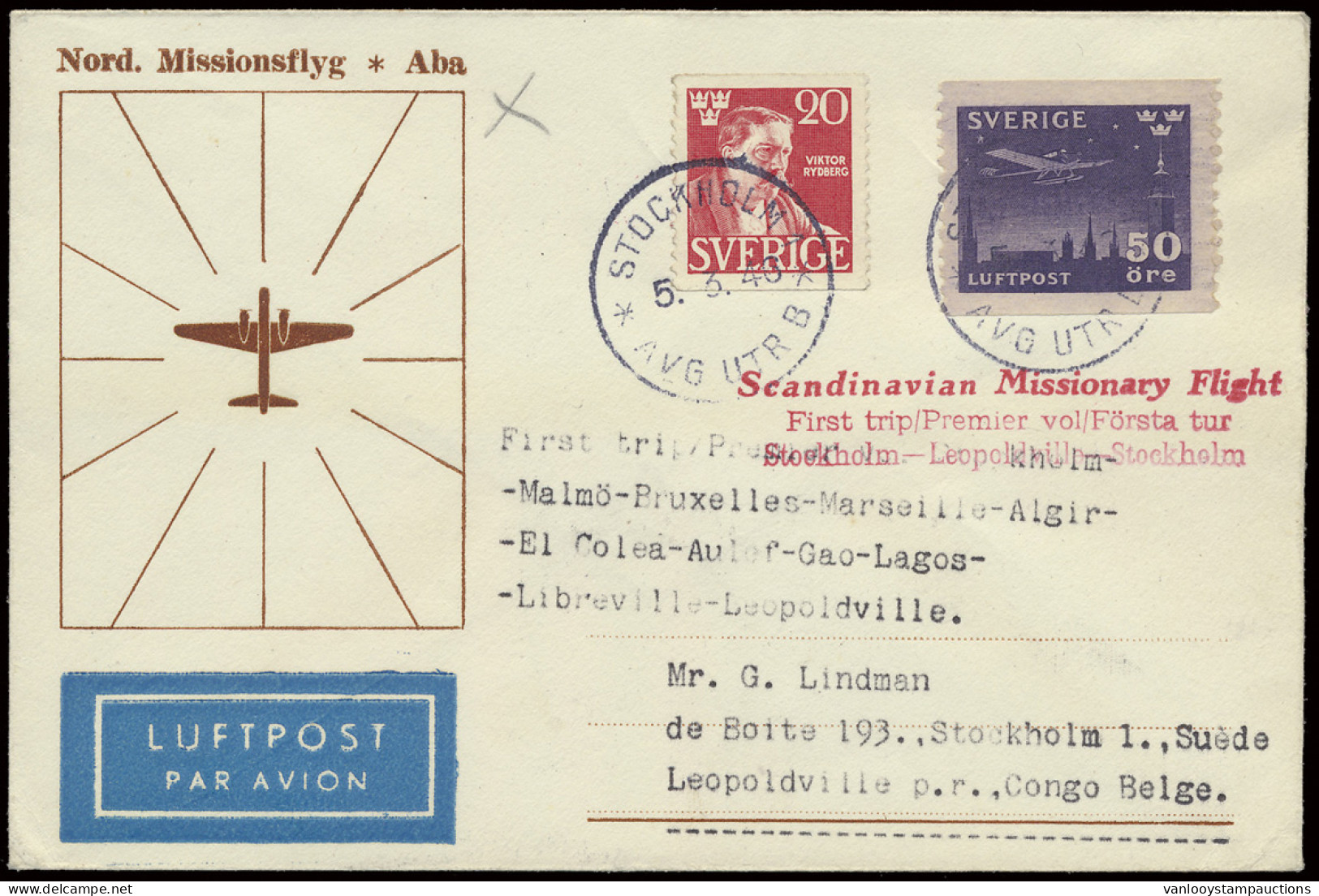1946 Scandinavian Missionary Flight, FDC Airmail Cover Sent From Stockholm/Sweden, March 5, 1946 To Leopoldville/Belgian - Autres & Non Classés