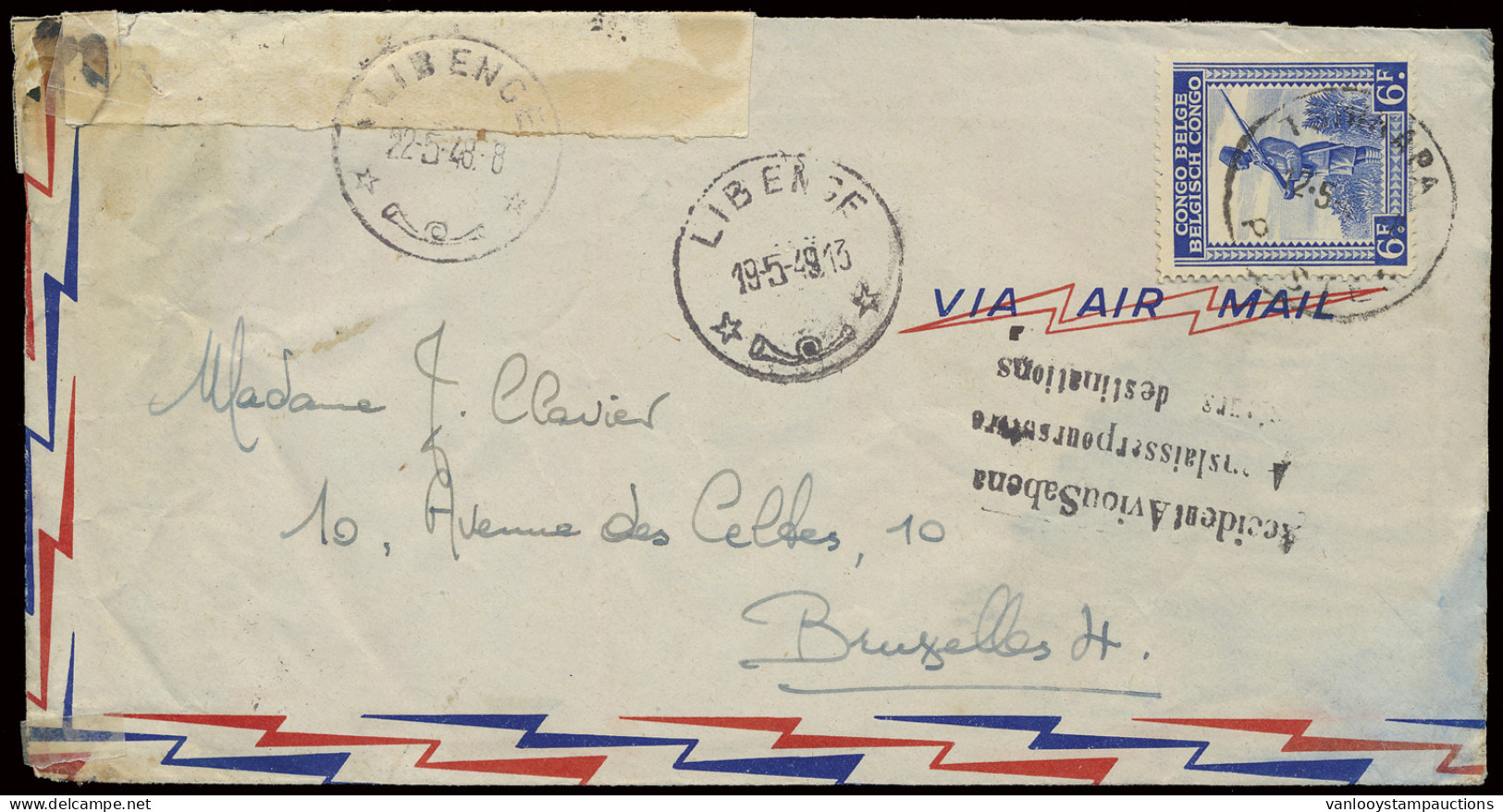 1948, Crash Mail 'Accident Avion Sabena/ Avons Laisser Poursuivre/ Vers Destinations' 3 Straight Linear Mark On Airmail  - Autres & Non Classés