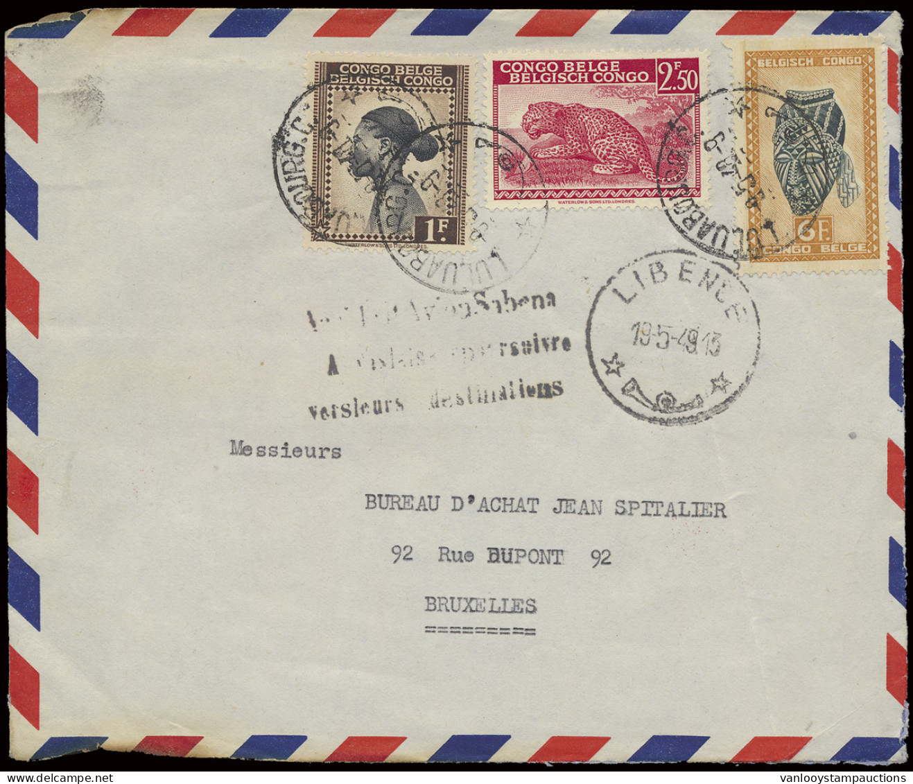 1949 Libenge Crash Airmail, Airmail Cover Franked With OBP 257, 261 An 291, Sent From Luluabourg May 9, 1948 To Brussels - Otros & Sin Clasificación