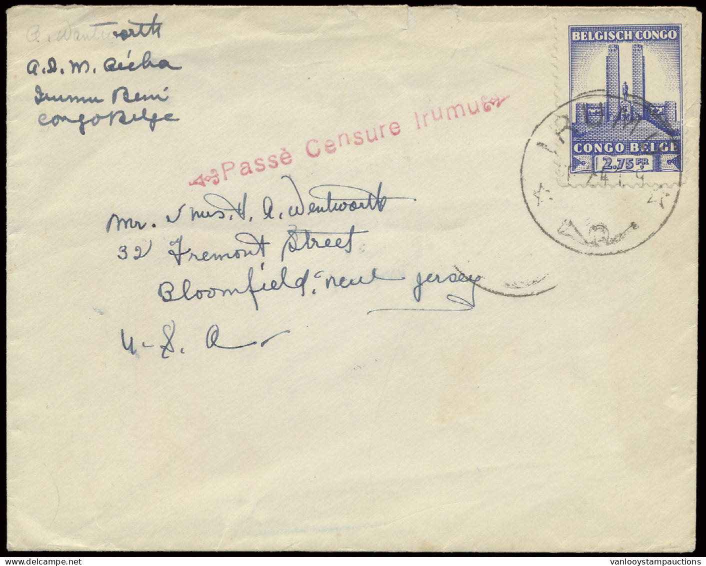 1941 Cover (surface Mail) Franked With OBP N° 222, Sent From Irumu To USA, With Red Straight Linear Mark PASSÉ CENSURE I - Other & Unclassified