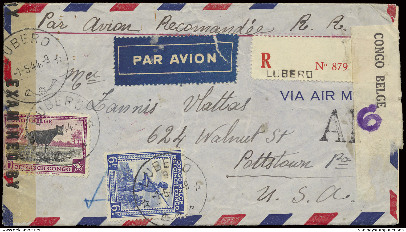 1944 AR Registered Airmail Cover Franked With OBP N° 264 And 267, Written By A Greek In A Refugee Camp In Lubero, Sent F - Autres & Non Classés