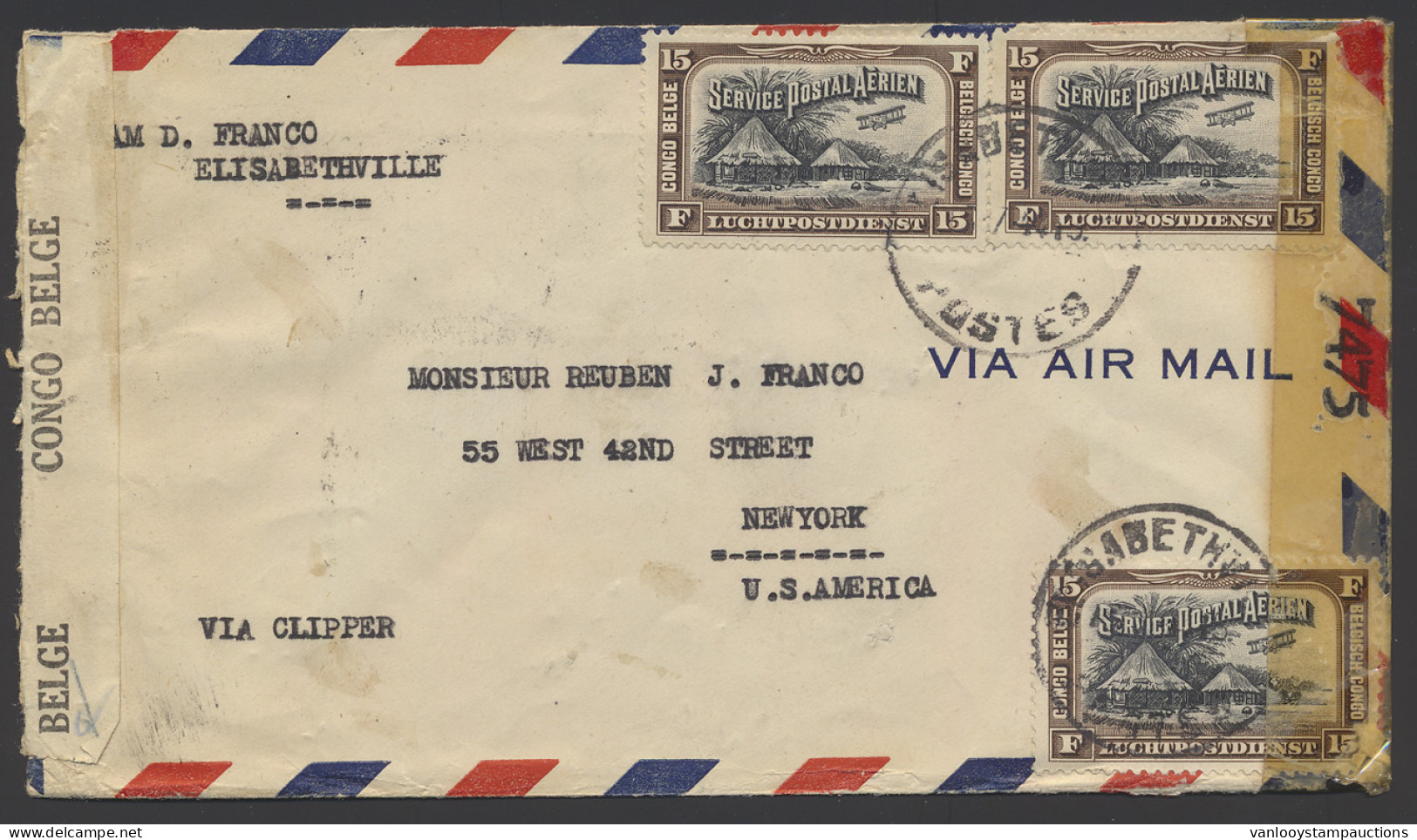 1944 Airmail Cover Franked With OBP N° 241 And PA 5 (4x), Sent From Elizabethville To USA, Censor Tape CENSURE CONGO BEL - Otros & Sin Clasificación