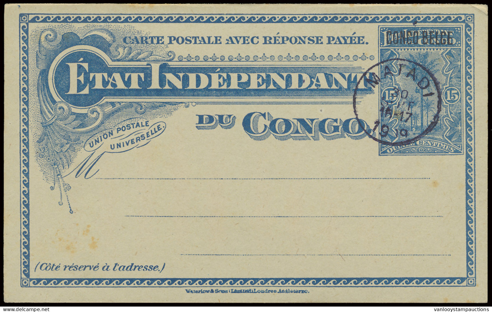 PWS Postal Stationery Stibbe 23P 15c. + 15c. Prince Issue With Typo Overprint CONGO BELGE With CTO MATADI 30 SEPT 1909 I - Sonstige & Ohne Zuordnung