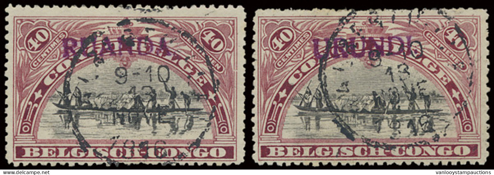 N° 13 And 20 40c. Carmine Brown With Tombeur Handstamp Overprints RUANDA And URUNDI, Cancelled Albertville November 13,  - Other & Unclassified