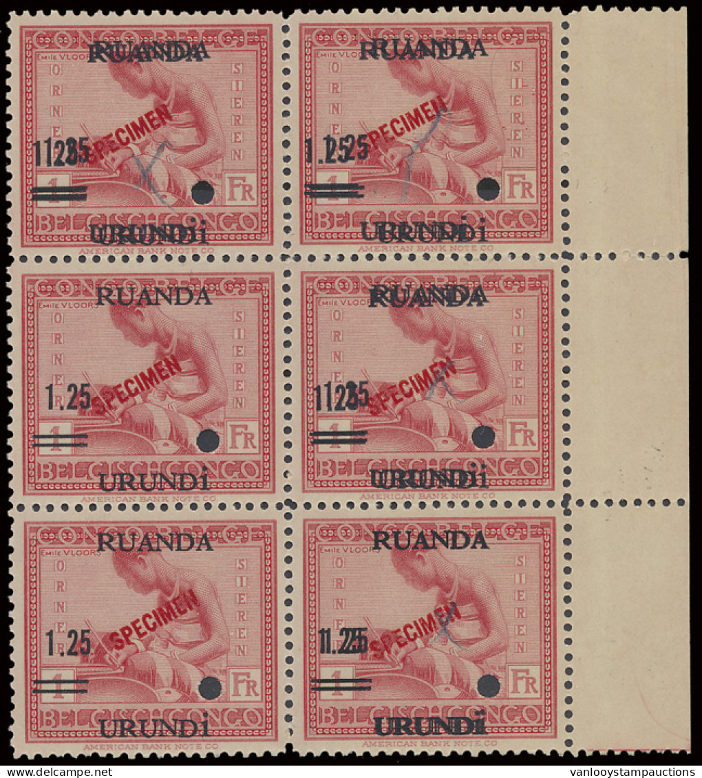 ** N° 90 (block Of 6 Stamps) 1fr. Pink Vloors Issue With Proof Of Overprint 1,25fr. / 1fr. Ruanda Urundi, 4 Stamps With  - Sonstige & Ohne Zuordnung