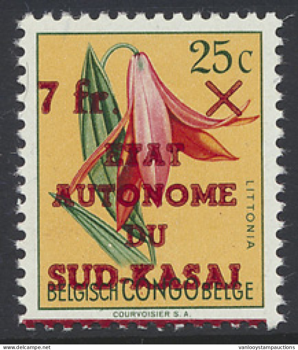 ** Error Of Surcharge On Flowers Issue 7fr. On 25c. With Curiosity Of Surcharge Misplaced Downward (only One Red Line In - South-Kasaï