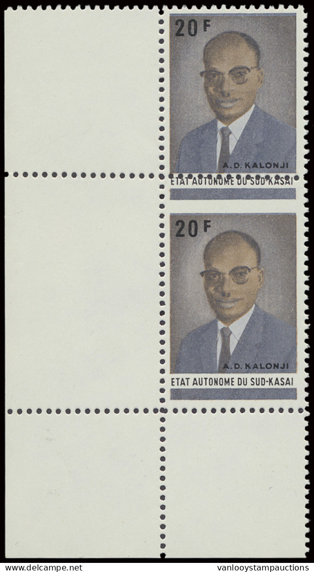 ** N° 28-Cu 20fr. A.D. Kalonji Issue In Vertical Pair With Misplaced Perforation (too Much Upwards), MNH, Scarce In Perf - Sud-Kasaï