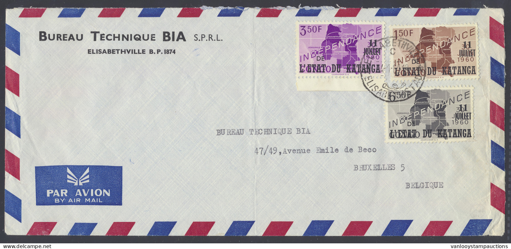 1961 Airmail Cover Franked With OBP N° 43, 45 And 47 1,50fr., 3,50fr. And 6,50fr. - Independance Sent From Elizabethvill - Katanga