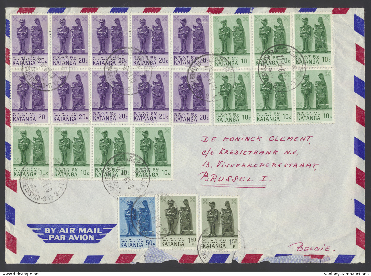 1961 Airmail Cover Franked With OBP N° 52 (9x), 53 (10x), 54, 55 (2x), 10c., 20c., 50c., 1,50fr. - Katangese Art, Sent F - Katanga