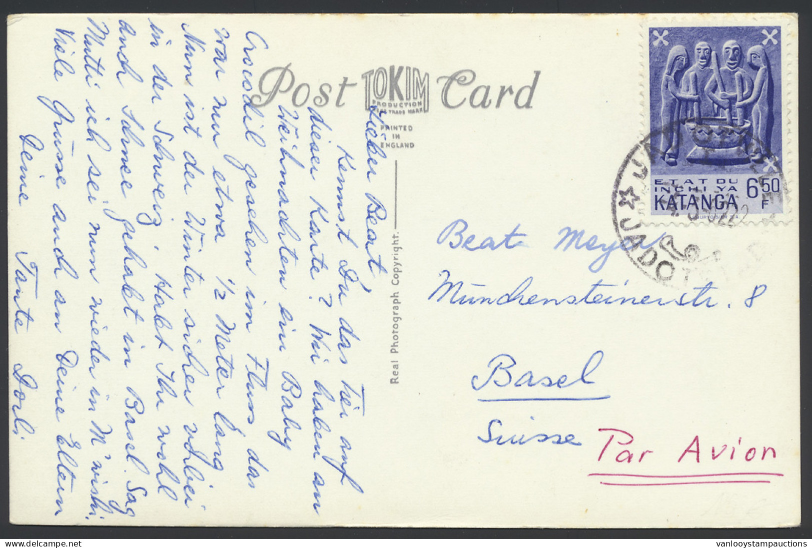 1962, Airmail, Picture Postcard Franked With (OBP) N° 57 '6,50 Fr Katangese Art' Sent From Jadotville March 4, 1962 To B - Katanga