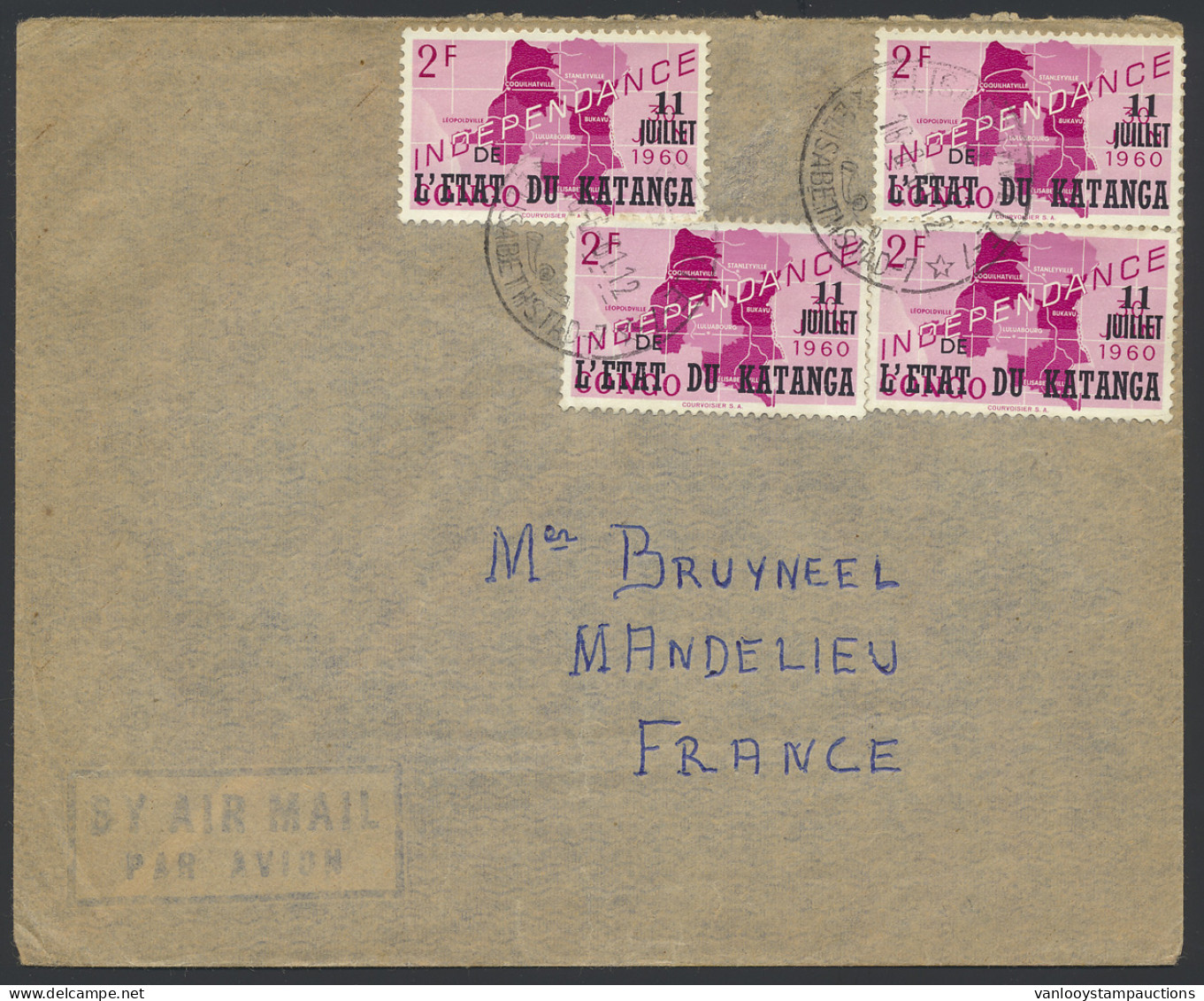 1961, Airmail Cover Franked With (OBP) N° 44 (4x) '2F Independance' From Elizabethville- 7 B June 16, 1961, To Mandelieu - Katanga