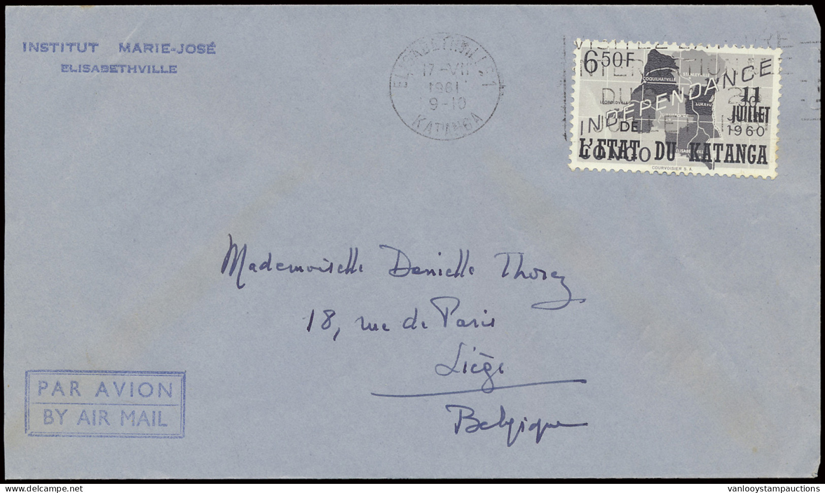 1961 Airmail Cover Franked With OBP N° 47 6,50fr. Independance, Sent From Elizabethville-1-Katanga (Mechanical Cancellat - Katanga