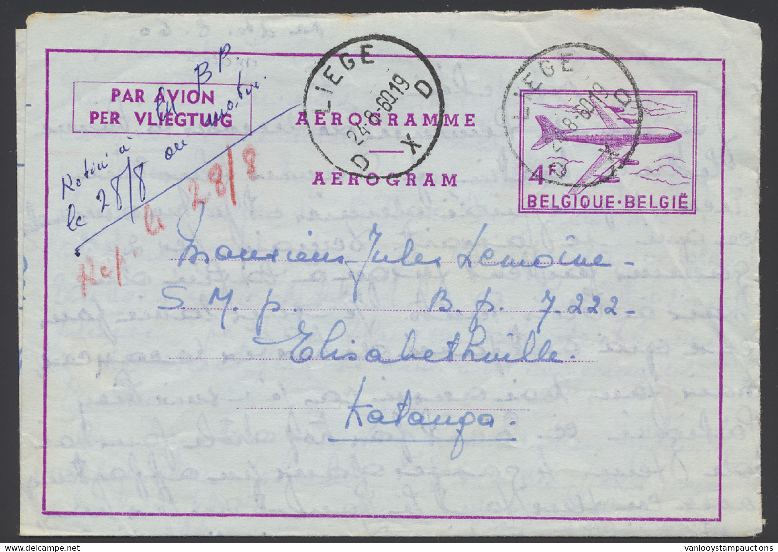 1960 Airletter Postal Stationery At 4fr. Sent From Liège/Belgium August 24, 1960 To Elizabethville/Katanga Free State, I - Katanga