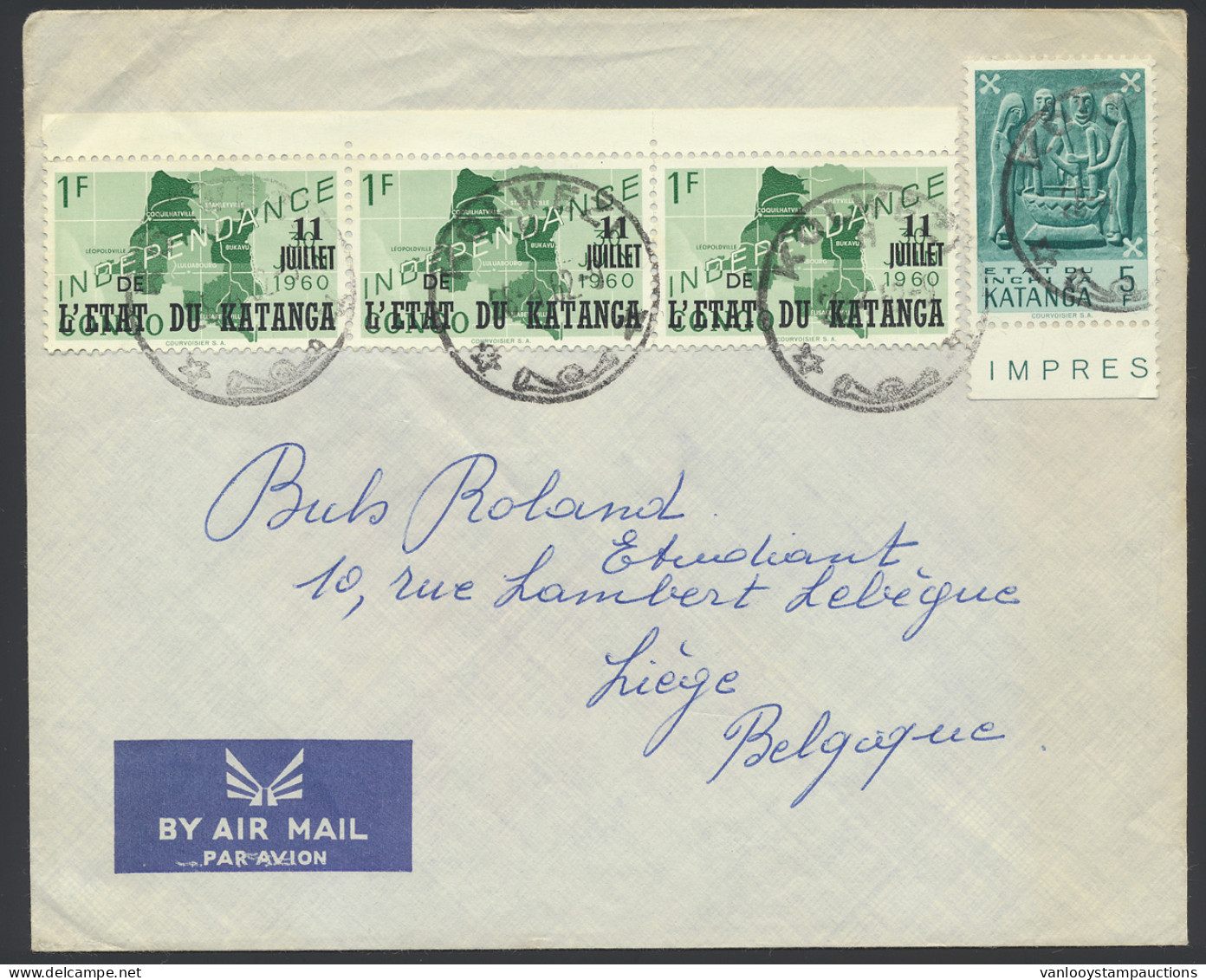 1962, Airmail Cover Franked With (OBP) N° 42 (strip Of 3 With Sheet Margin) And N° 55 '1 Fr Independance' And '5 Fr Kata - Katanga