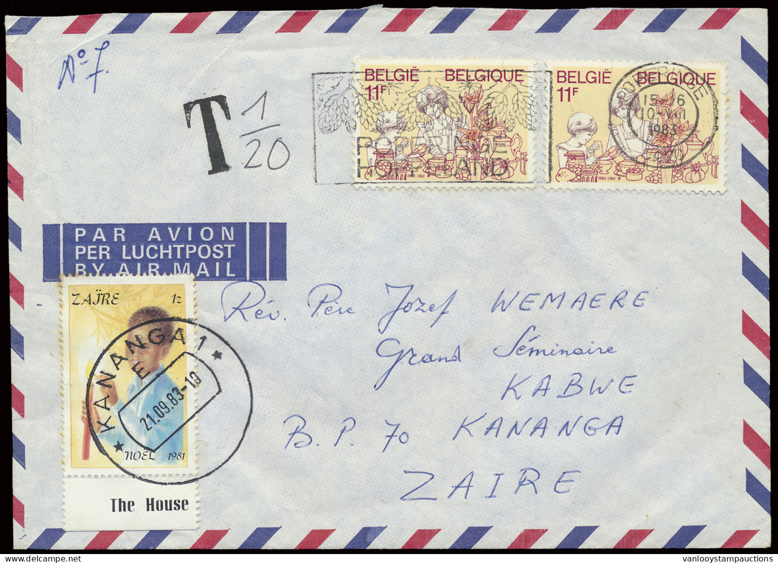 1983 Cover From Poperinge In 1983 To Katanga/Zaire - Underfranked, T 1/20 OBP N° 1119 Used As Postage Due Cancelled In K - Altri & Non Classificati