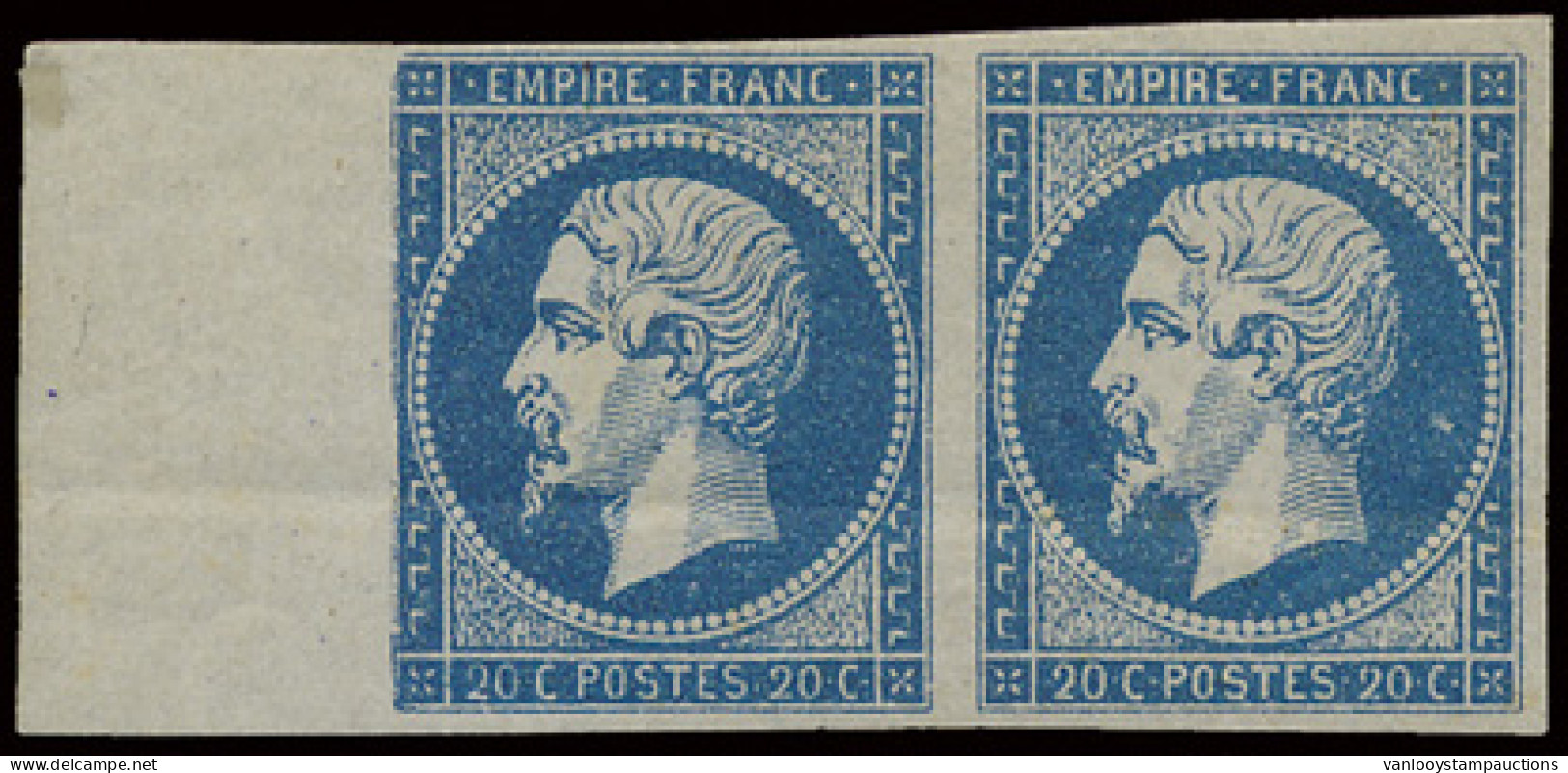 ** N° 14B Napoléon III 20c. Blauw, Type II, Horizontaal Paar Met Bladboord, Volle Originele Gom, Maar Met Lichte Gomploo - 1863-1870 Napoléon III. Laure