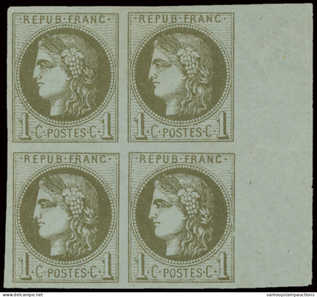 **/* N° 39C 1c. Olive Rep. 3 In Blok Van 4, Breed Gerand + Integrale Bladboord En Frisse Originele Gom Waarbij De Twee O - 1870 Bordeaux Printing