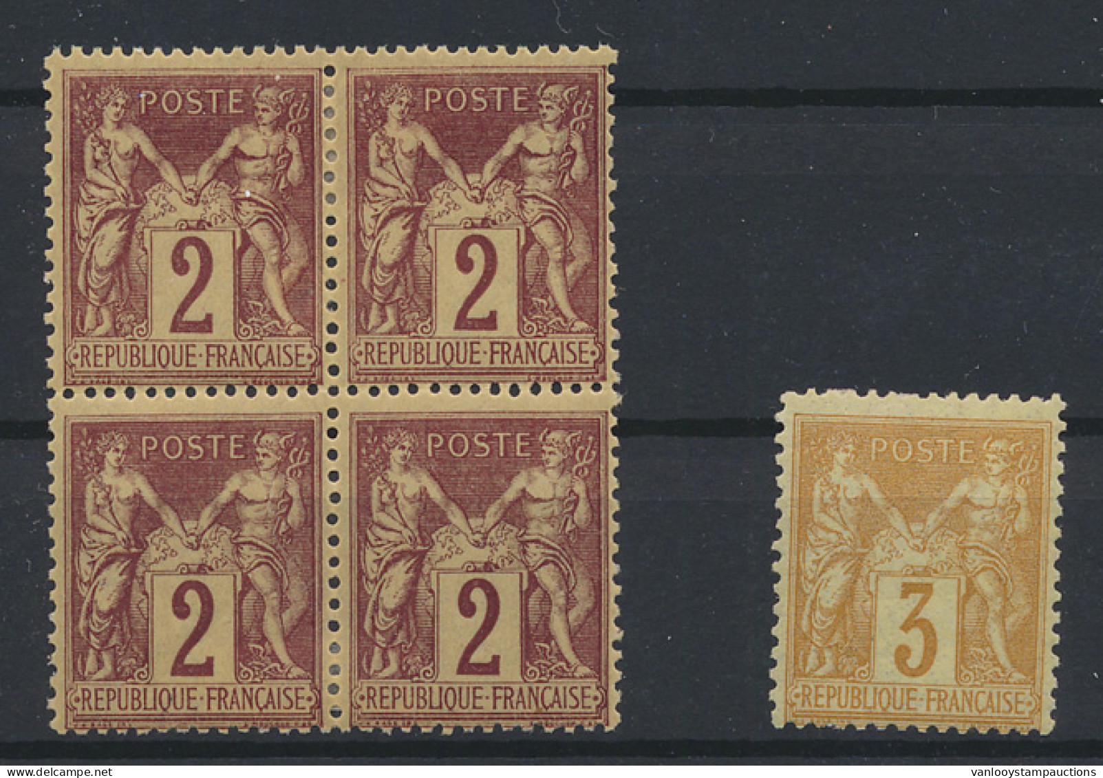 * N° 85 + 86 2c. Brun Rouge - Type II In Blok Van 4 Zegels (1 Zegel Dun), 3c. Bistre Jaune - Type II, Beide Met Zeer Lic - 1876-1898 Sage (Tipo II)