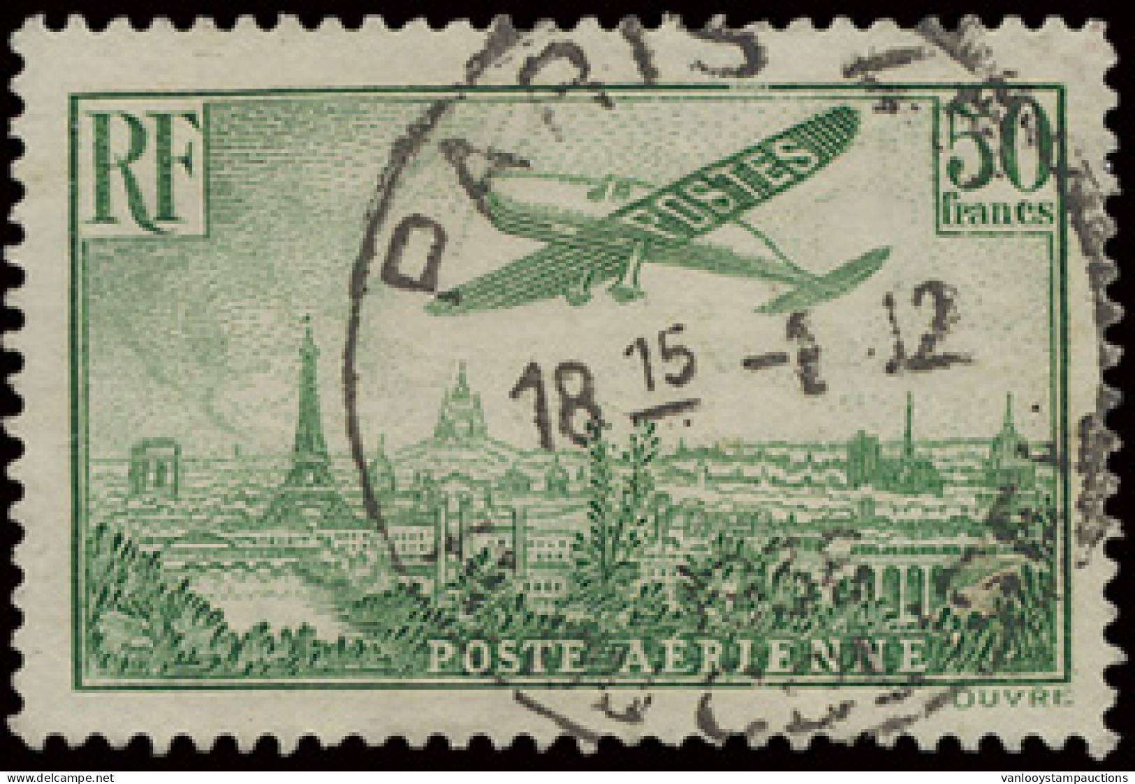 PA 14 50fr. Vert Jaune - Avion Survolant Paris, Mooi Gestempeld, Zm (Yv. €420) - Other & Unclassified