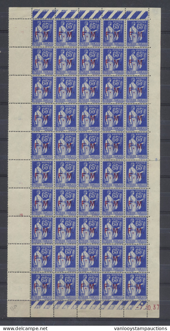 ** N° 8 '1937, 65c Ultramarijn, Met Opdruk FM' (Half Vel Van 50 Ex) Scharnier In Bladboord, Zm (Cote € +40) - War Stamps