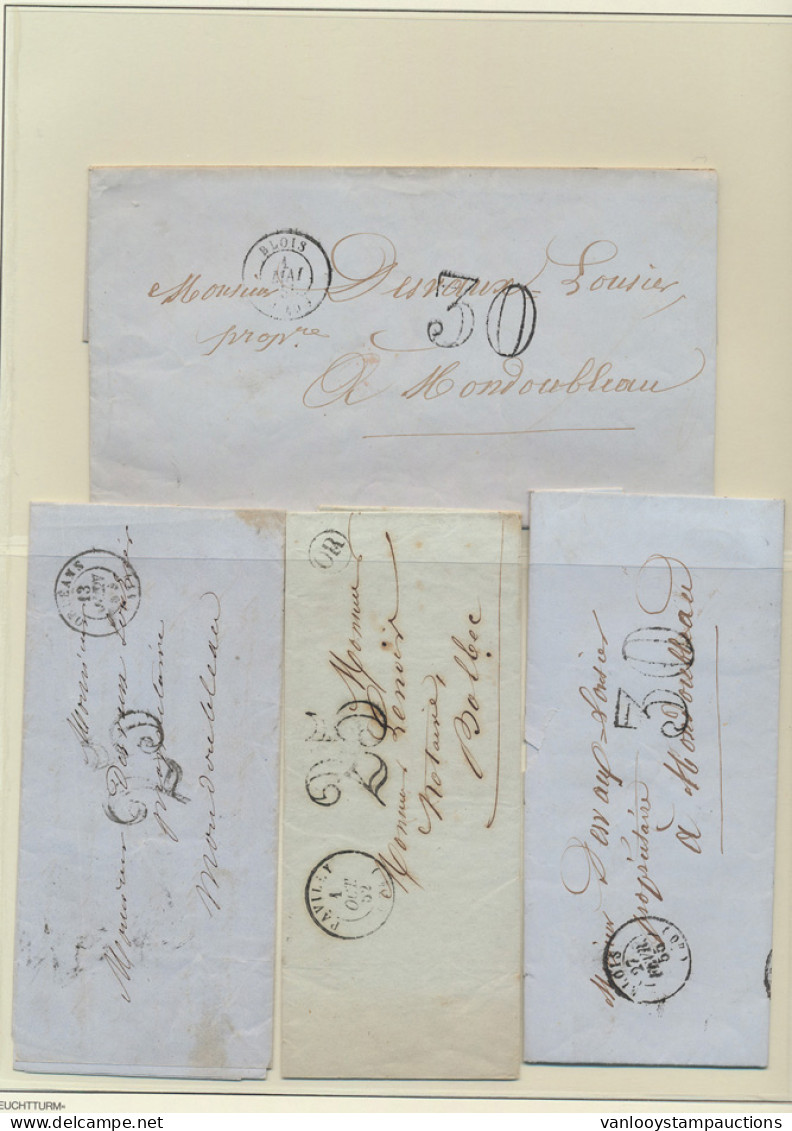 Zeven Voorlopers Met Groot Taxe Cijfer In Binnenlandse Dienst, Paviley (1852) Met Postbus OR, Orleans (1864), Lyon (1851 - Sonstige & Ohne Zuordnung