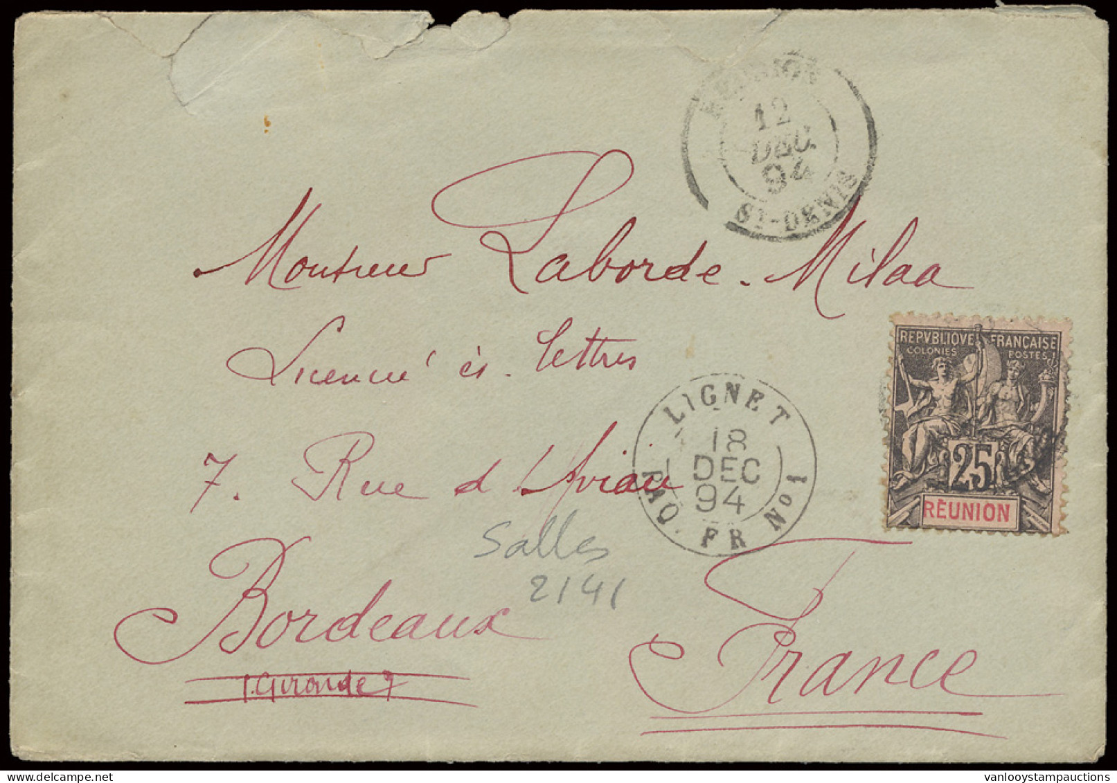 1894 Brief Gefrankeerd Met Yv. N° 39 25c. - Type Groupe - Réunion Verstuurd Uit St. Denis Naar Bordeaux/France Via Ligne - Otros & Sin Clasificación